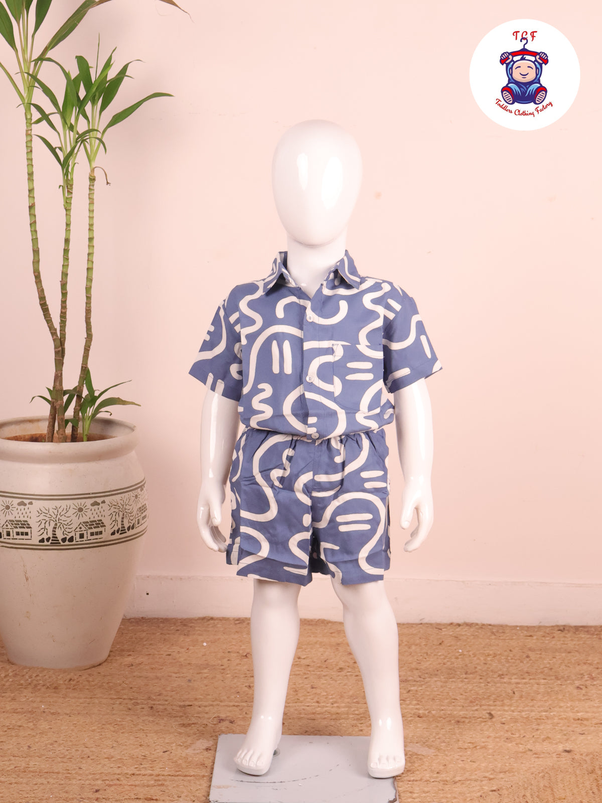 Sky Blue- Printed Collor Neck Shirt With Shorts