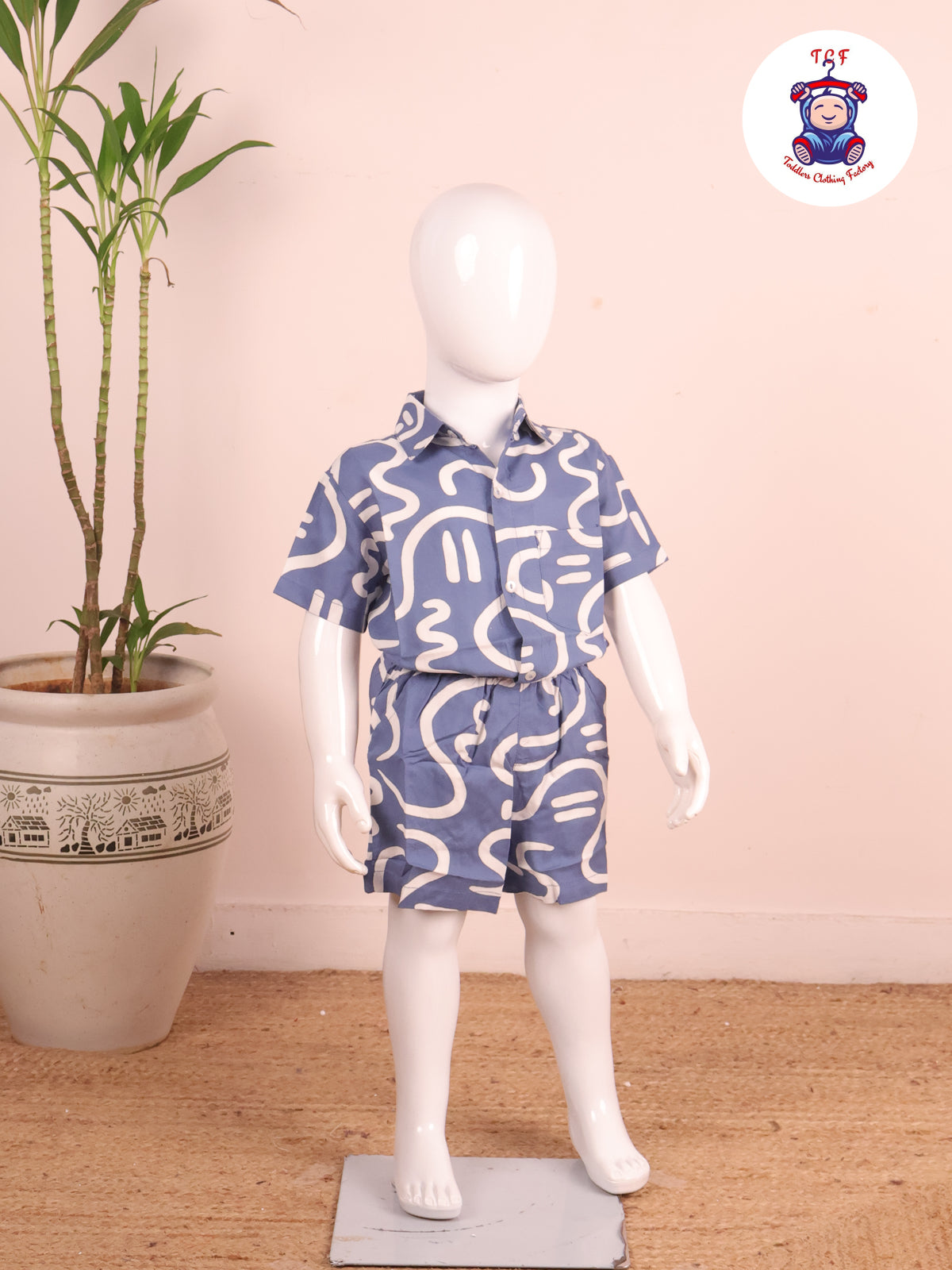 Sky Blue- Printed Collor Neck Shirt With Shorts