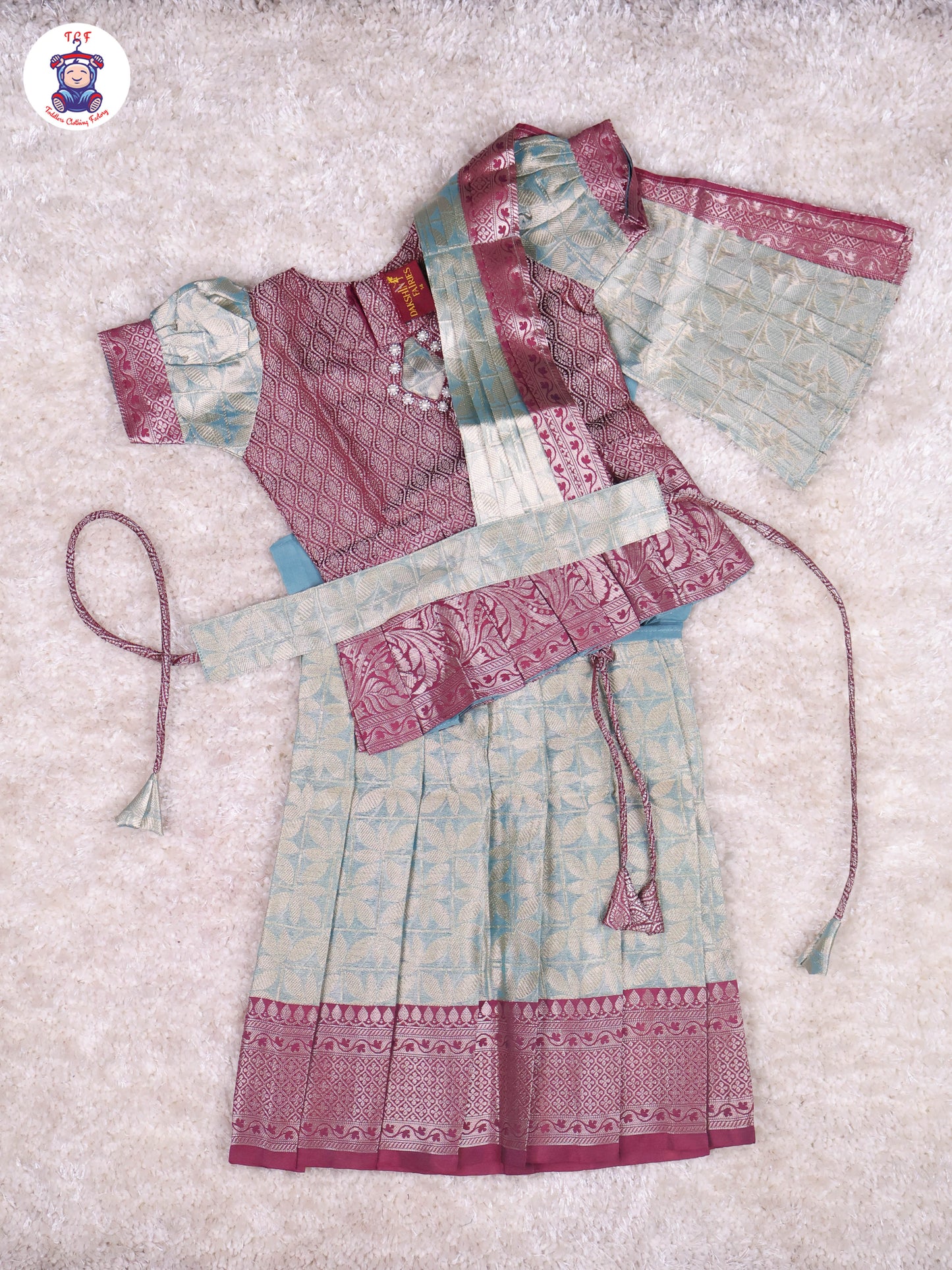 Maroon & Teal Blue - Girls Readymade Pavadai Sattai With Half Saree