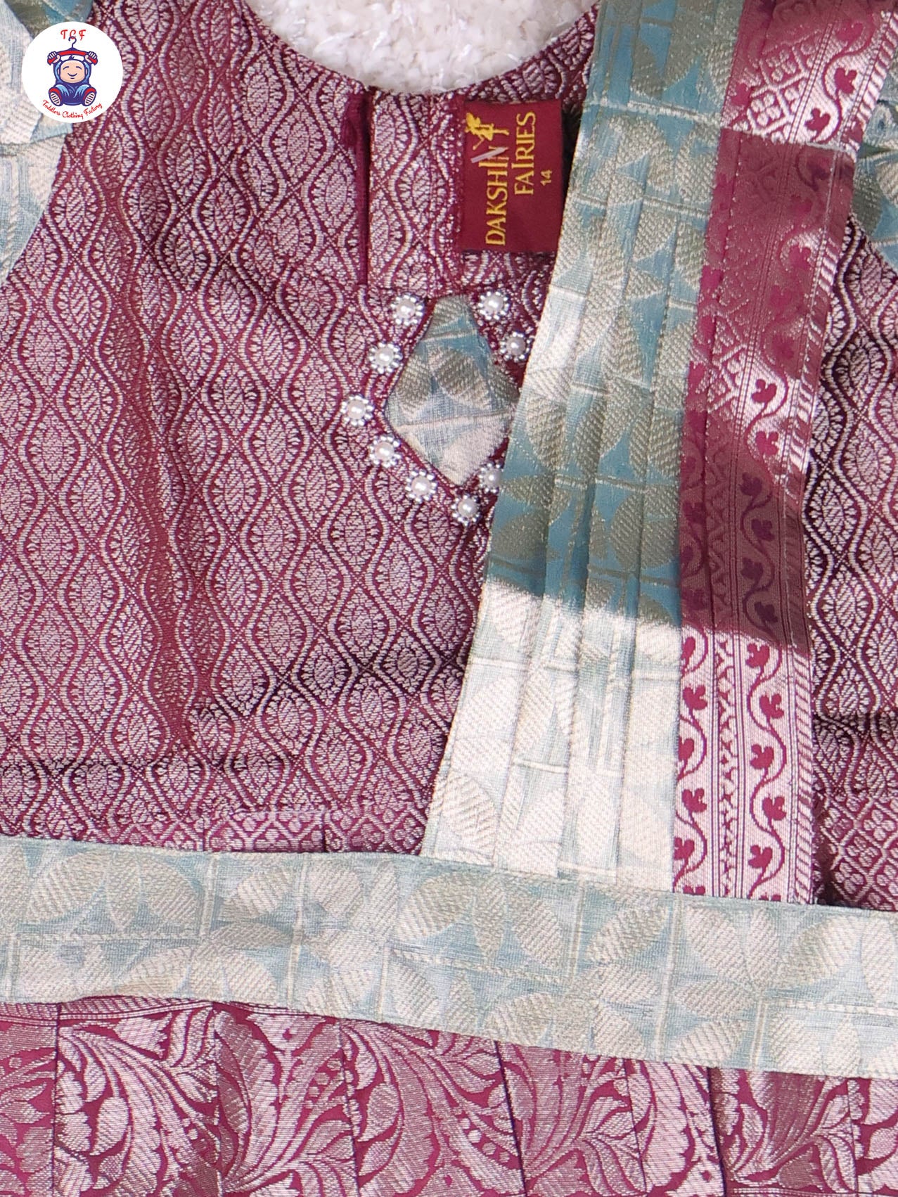Maroon & Teal Blue - Girls Readymade Pavadai Sattai With Half Saree