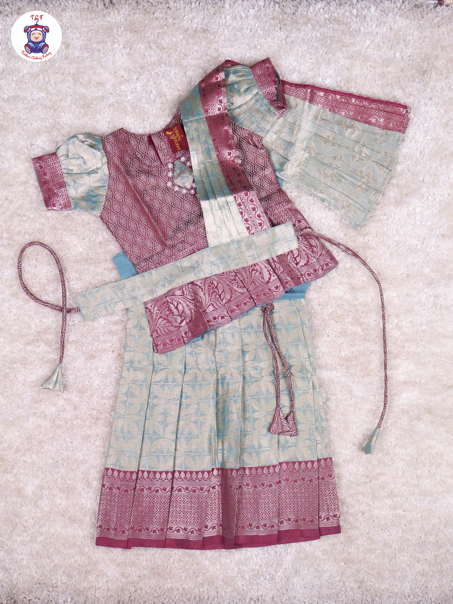 Maroon & Teal Blue - Girls Readymade Pavadai Sattai With Half Saree