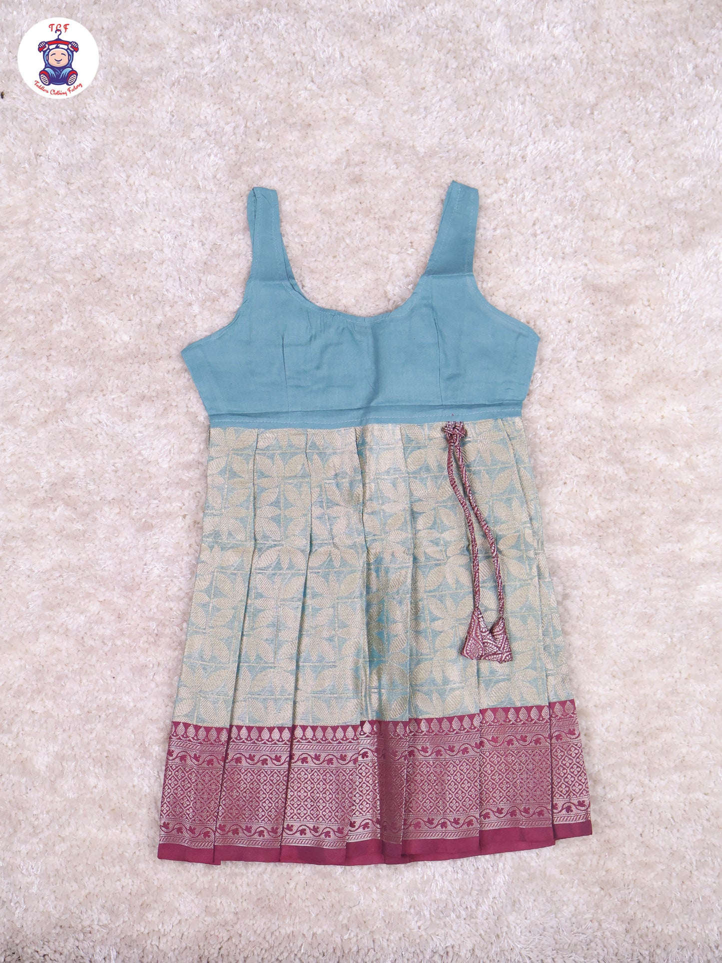 Maroon & Teal Blue - Girls Readymade Pavadai Sattai With Half Saree