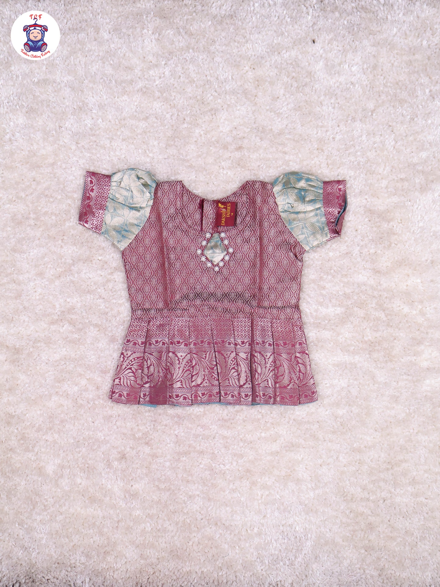 Maroon & Teal Blue - Girls Readymade Pavadai Sattai With Half Saree