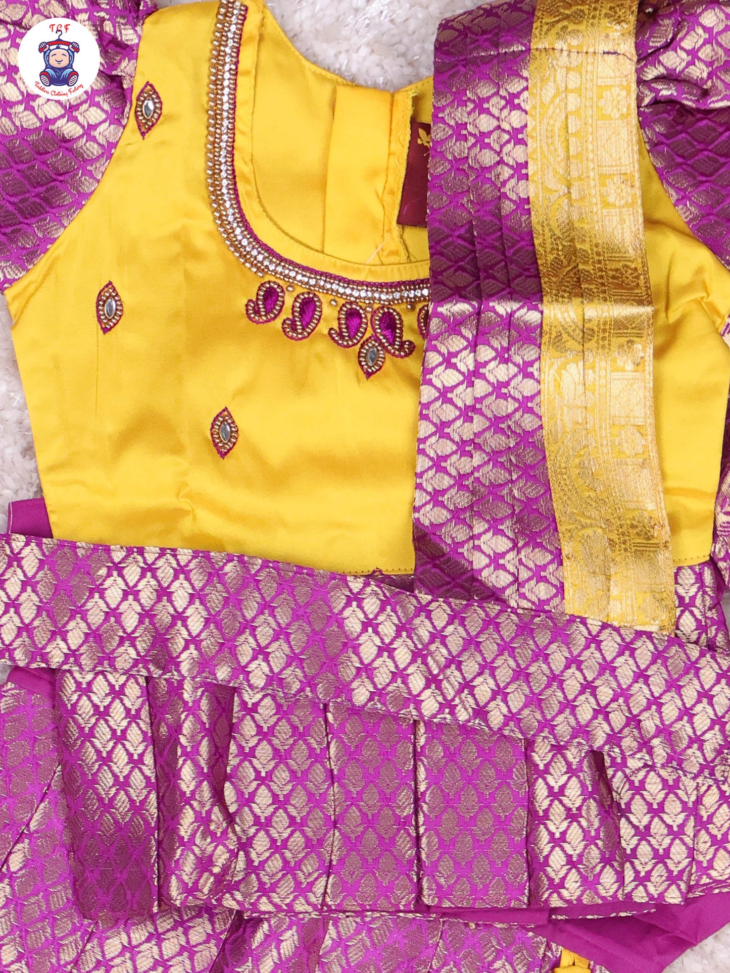 Yellow & Purple - Girls Readymade Pavadai Sattai With Half Saree