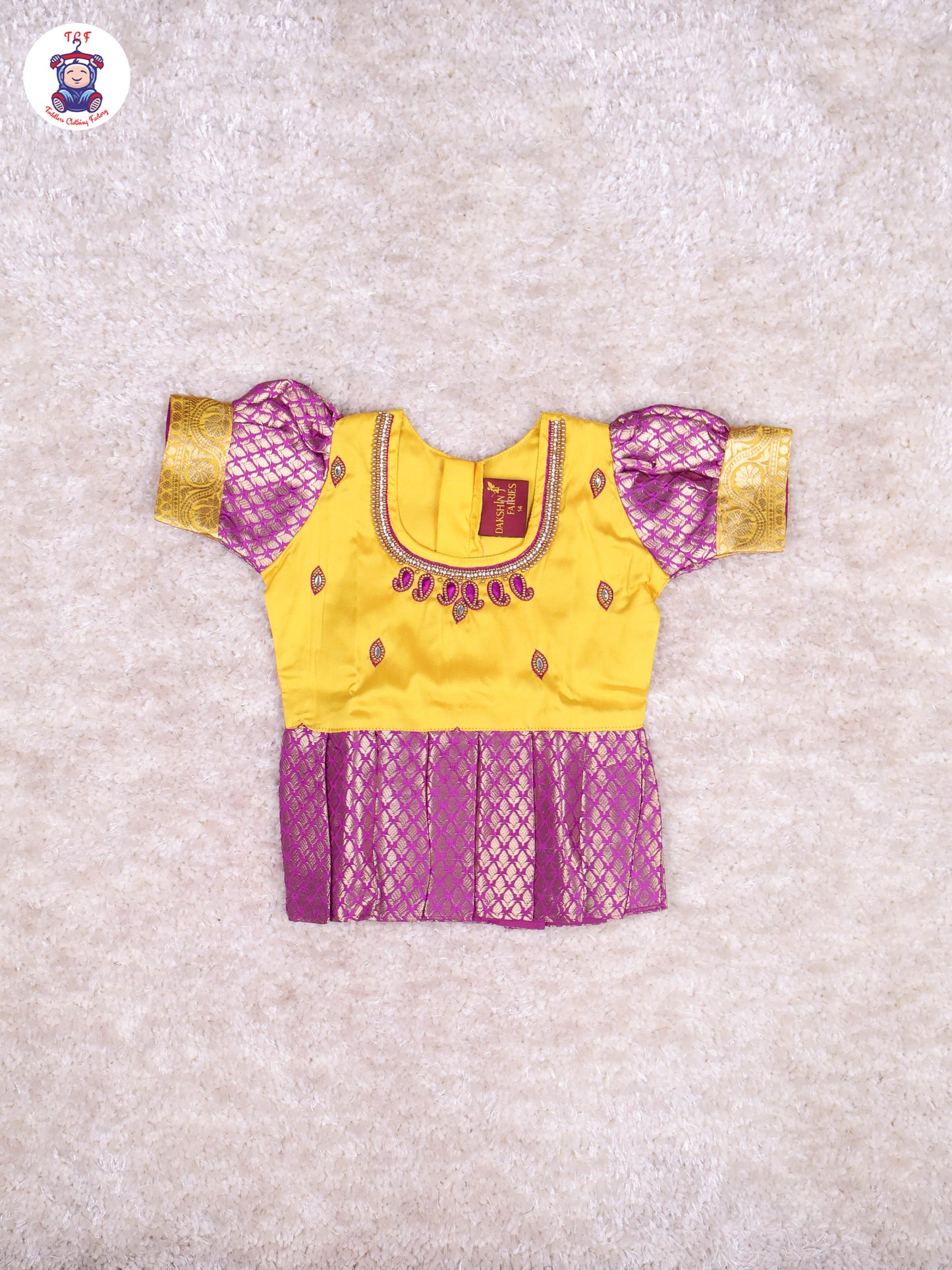 Yellow & Purple - Girls Readymade Pavadai Sattai With Half Saree