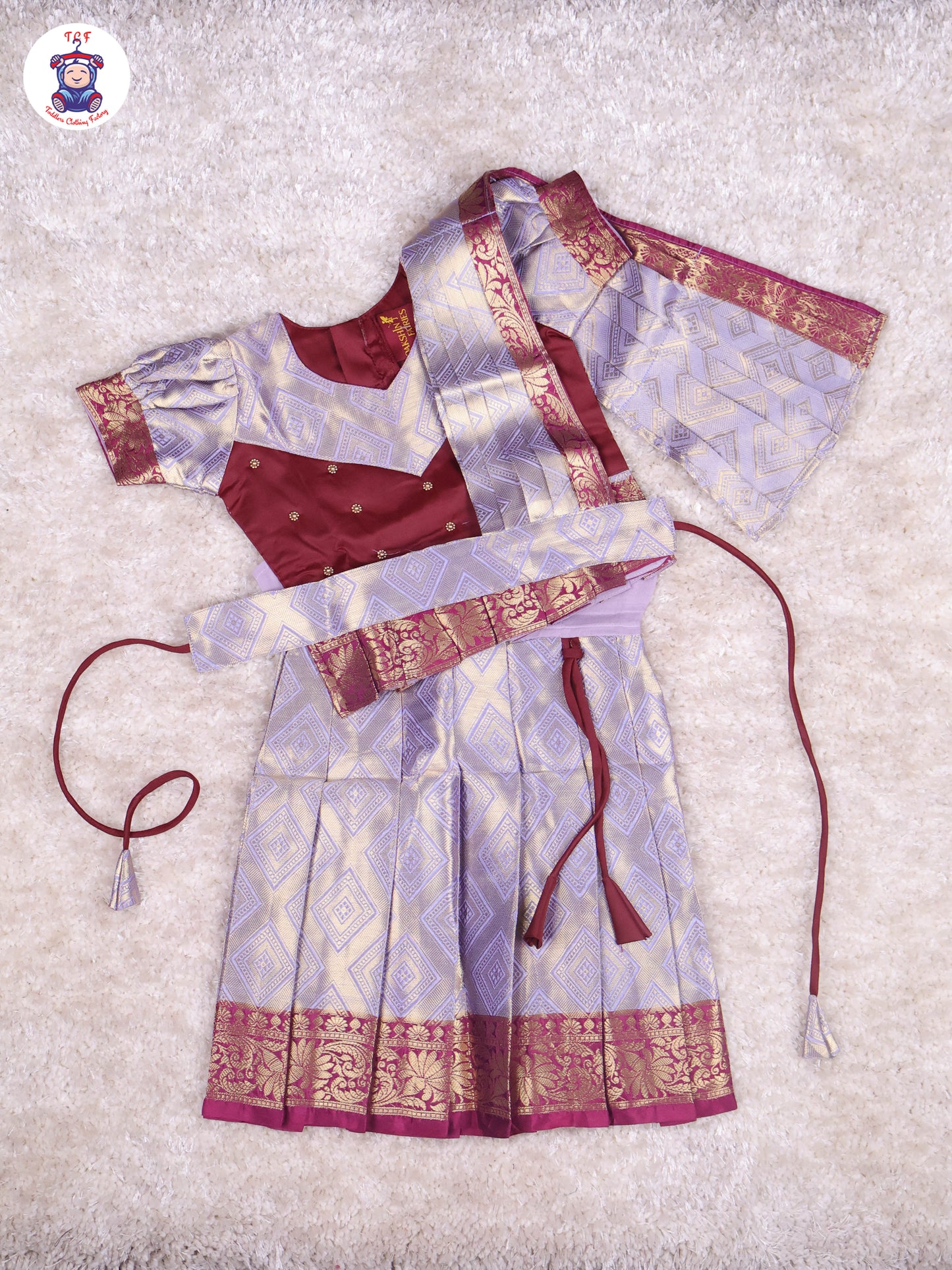 Maroon & Grey - Girls Readymade Pavadai Sattai With Half Saree