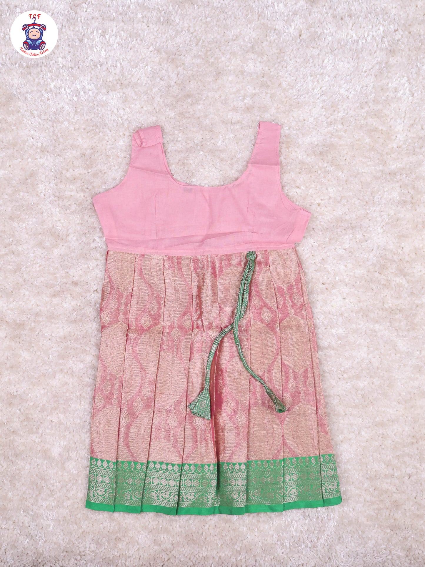 Green & Onion Pink - Girls Readymade Pavadai Sattai With Half Saree