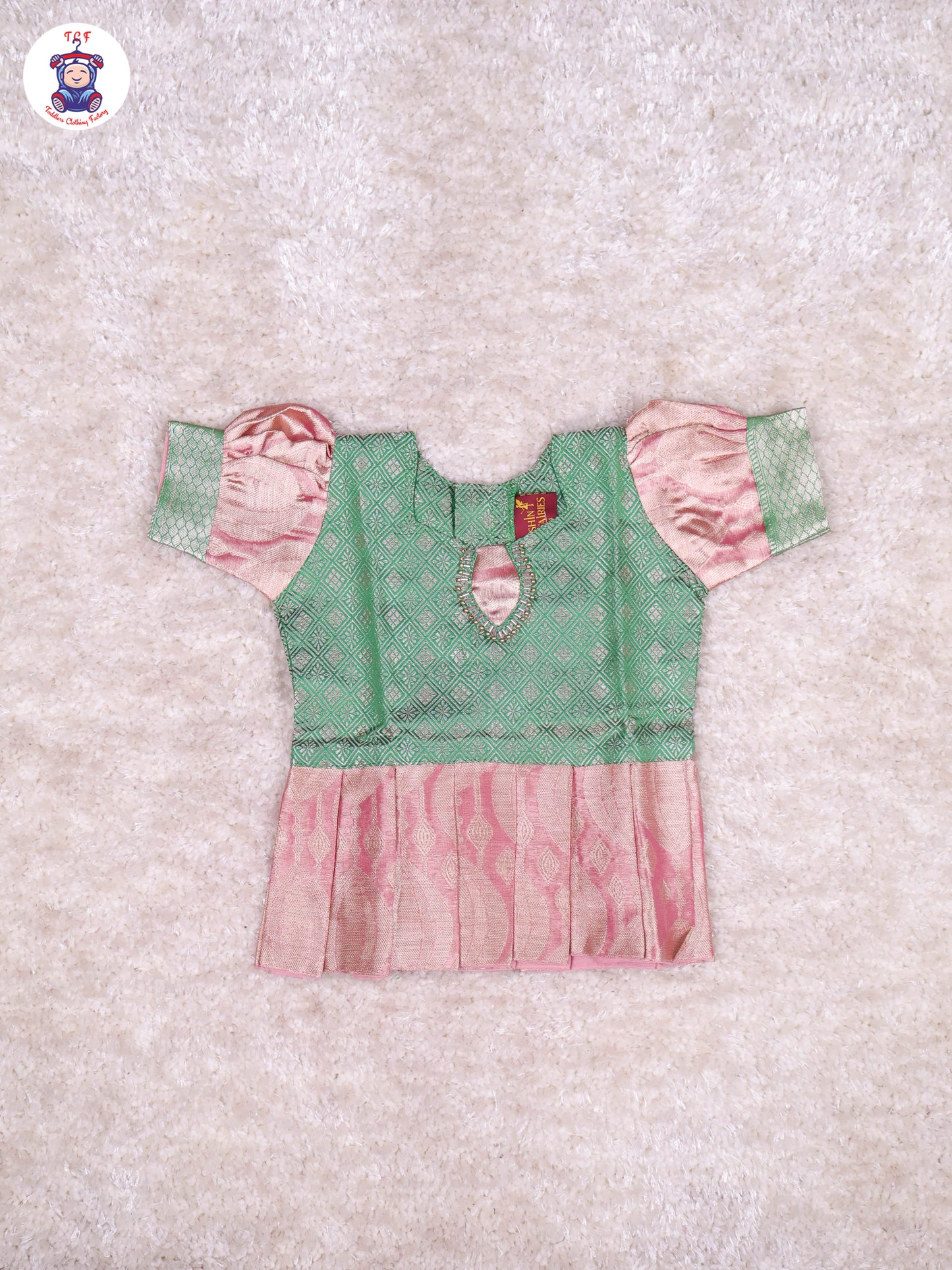 Green & Onion Pink - Girls Readymade Pavadai Sattai With Half Saree