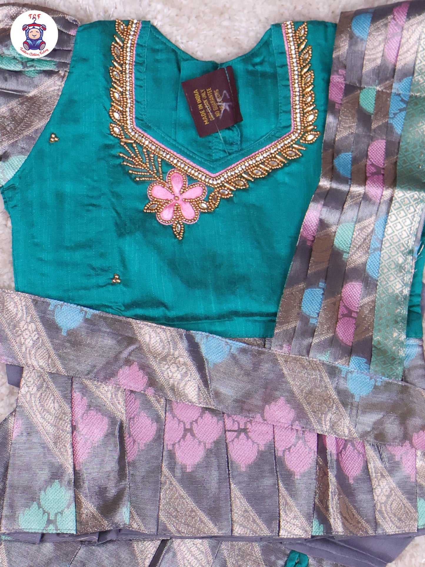 Green & Grey - Girls Readymade Pavadai Sattai With Half Saree