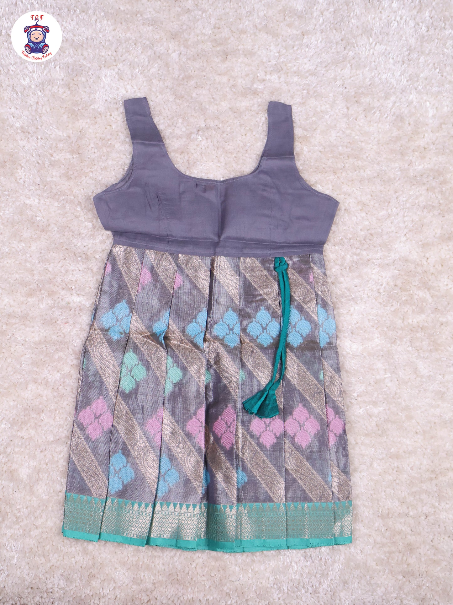 Green & Grey - Girls Readymade Pavadai Sattai With Half Saree
