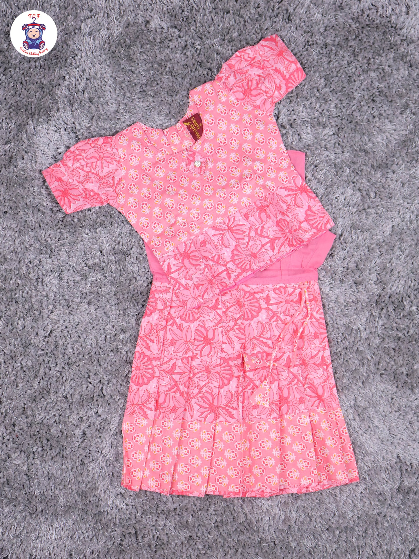 Light Pink Floral Printed - Cotton Pavadai Sattai