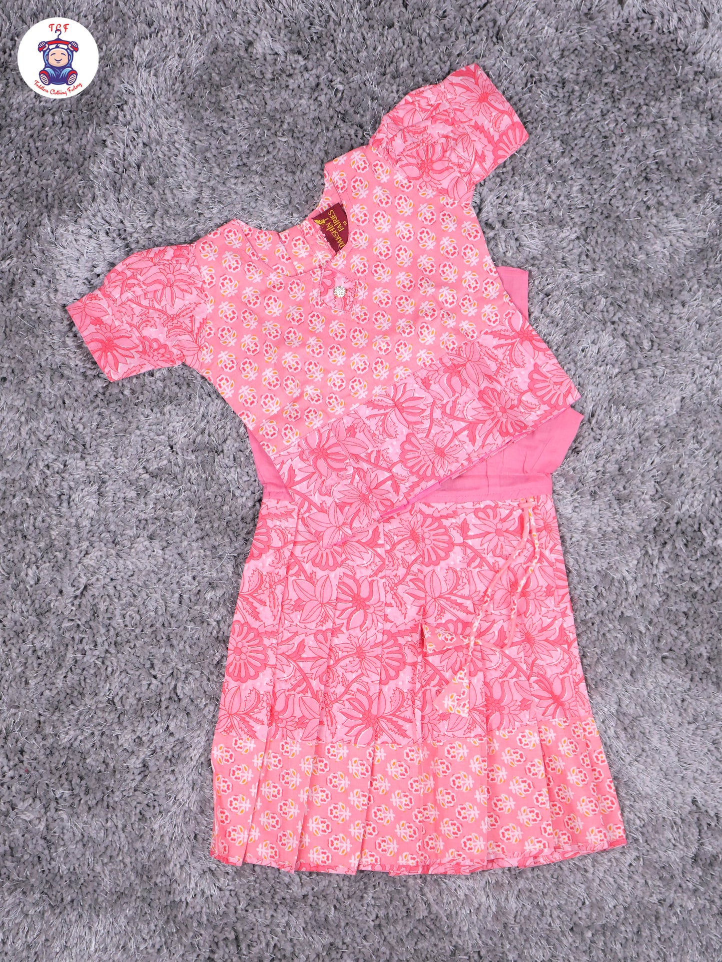 Light Pink Floral Printed - Cotton Pavadai Sattai
