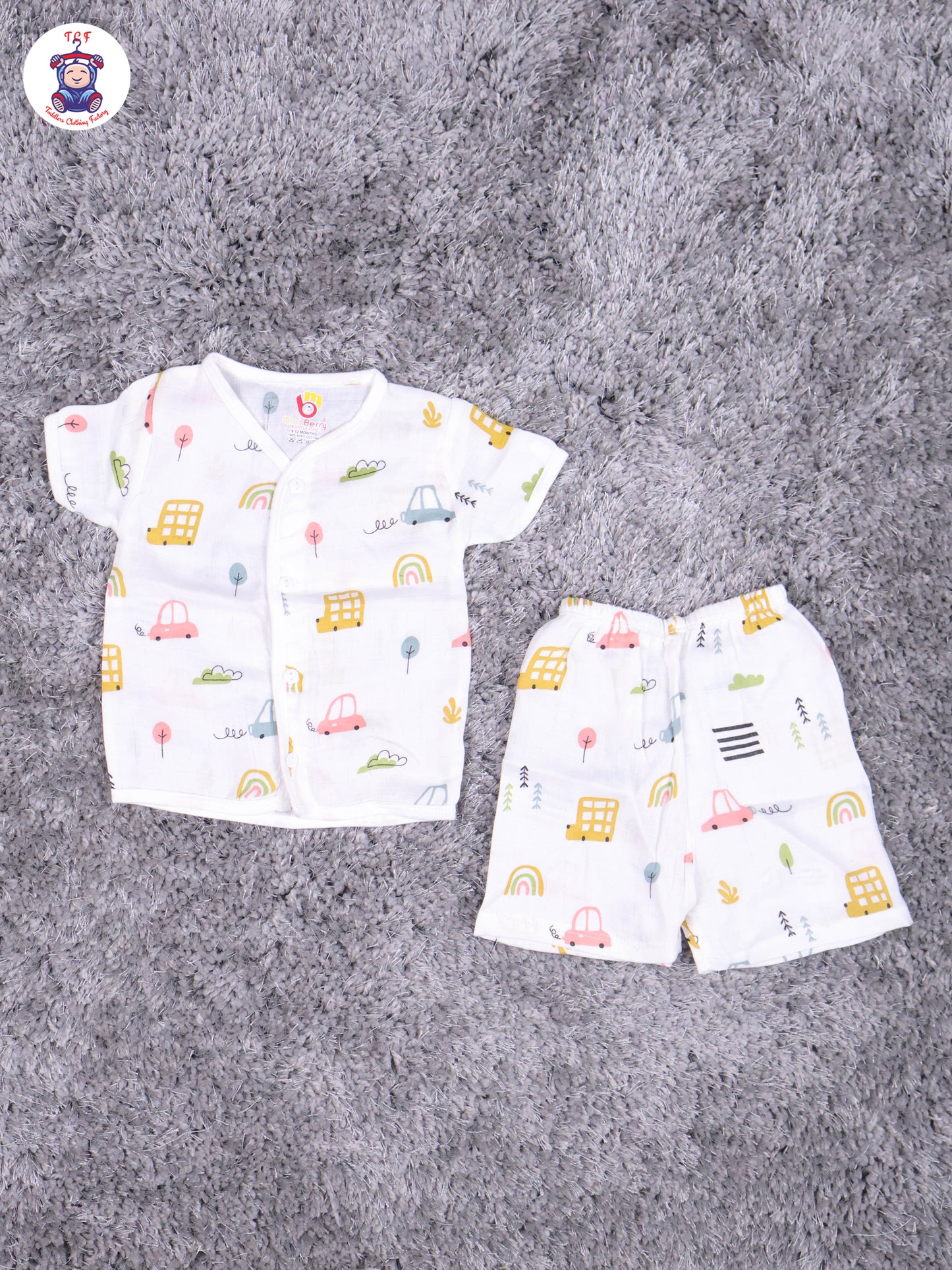 White Multi Cartoons Muslin Shirts & Shorts