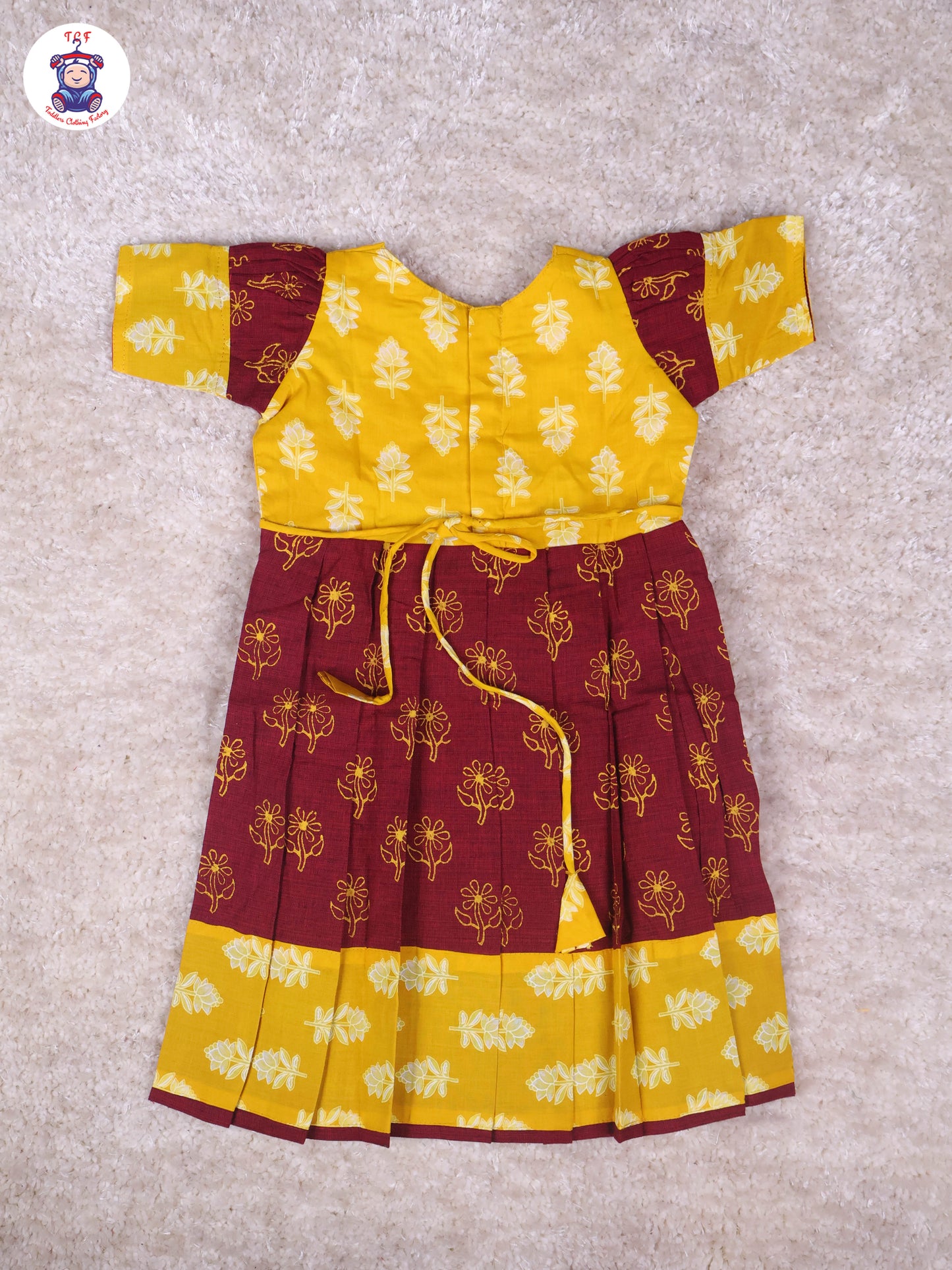Yellow & Maroon Floral - Girls Readymade Long Frock