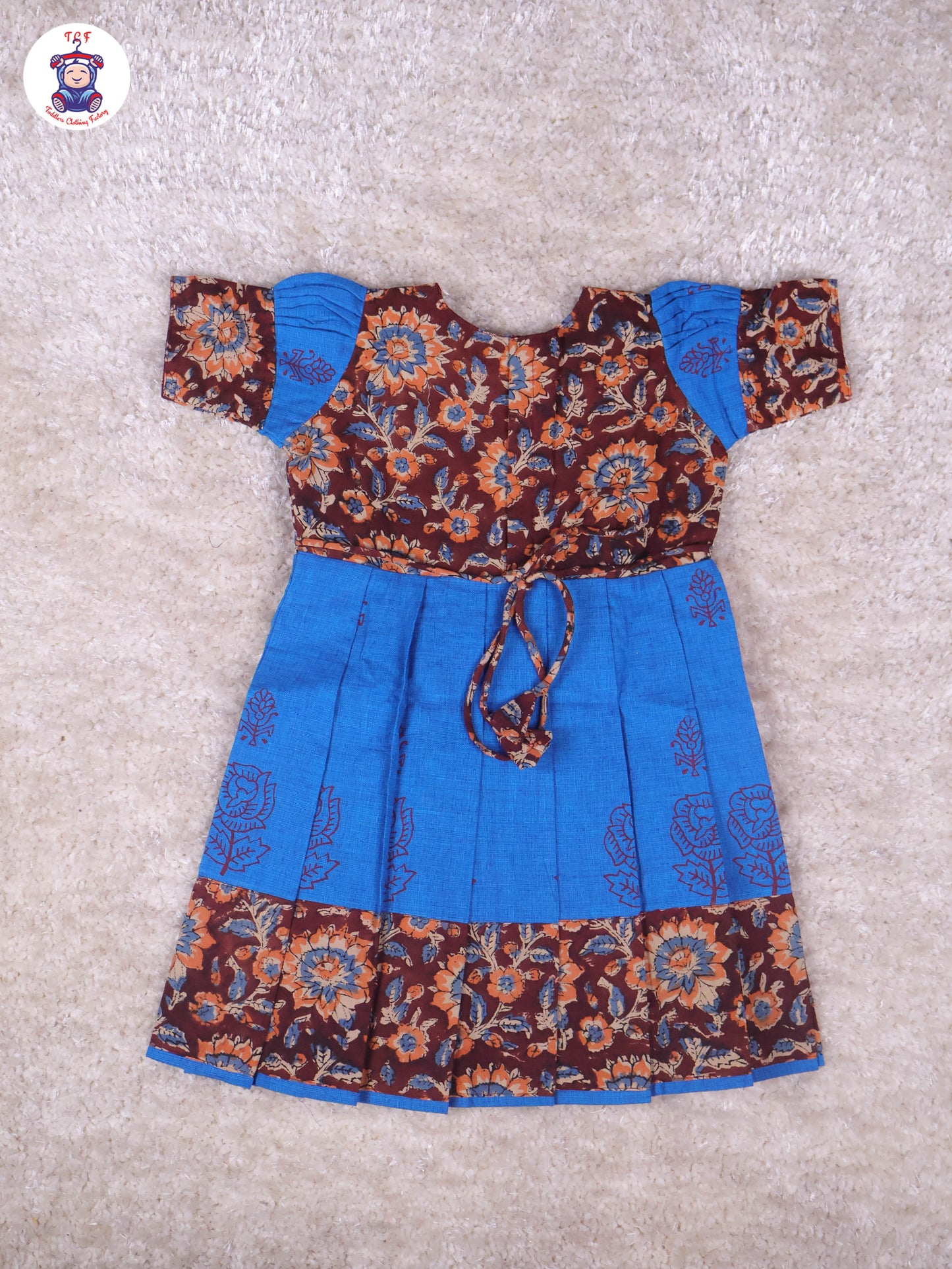 Dark Brown & Blue Floral - Girls Readymade Long Frock
