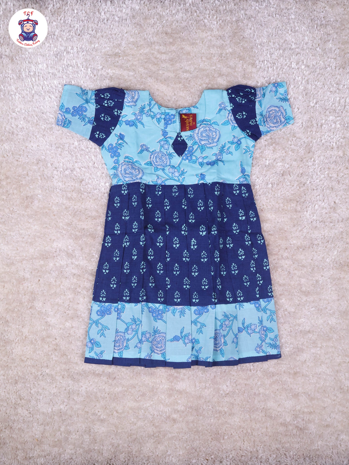 Sky Blue & Dark Blue Floral - Girls Readymade Long Frock
