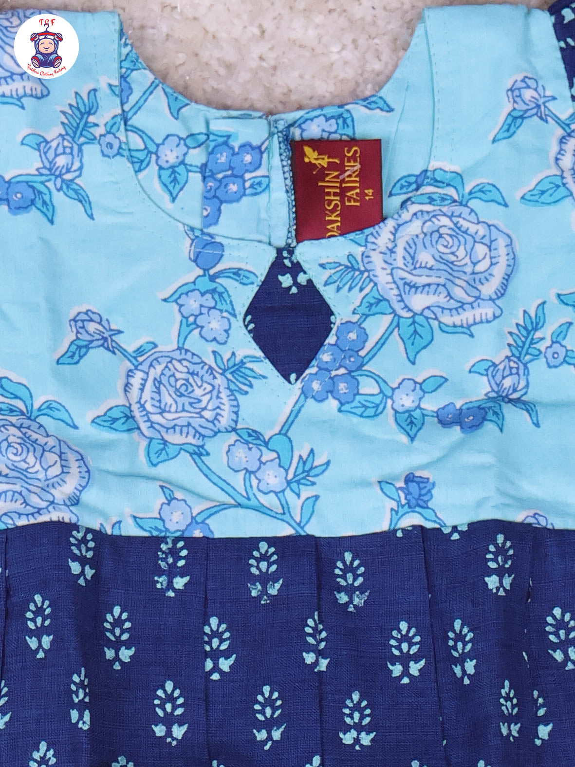 Sky Blue & Dark Blue Floral - Girls Readymade Long Frock
