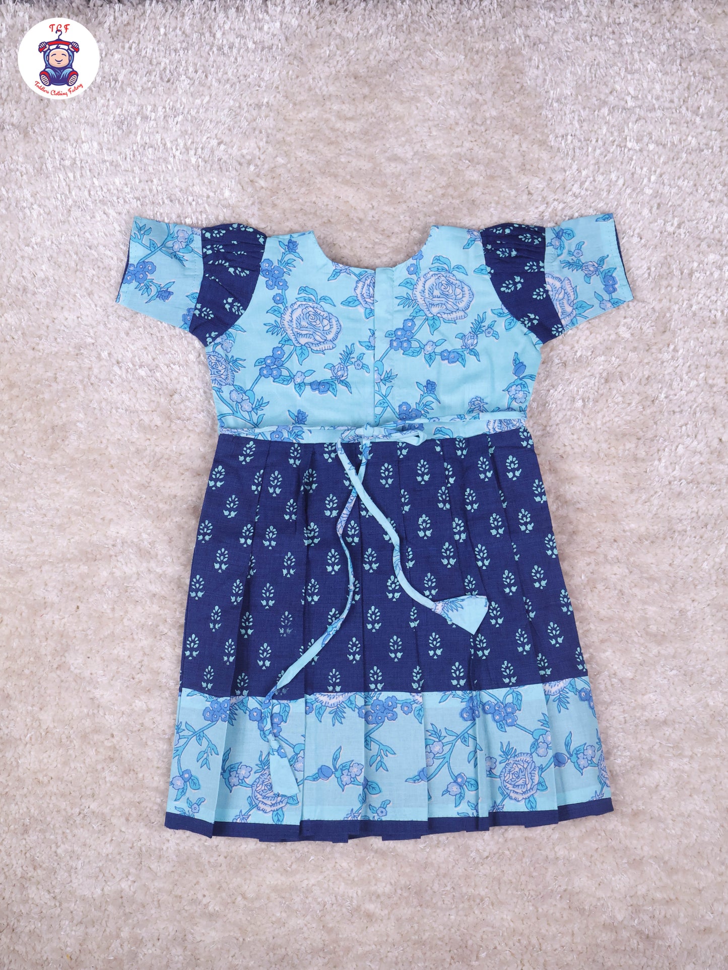 Sky Blue & Dark Blue Floral - Girls Readymade Long Frock