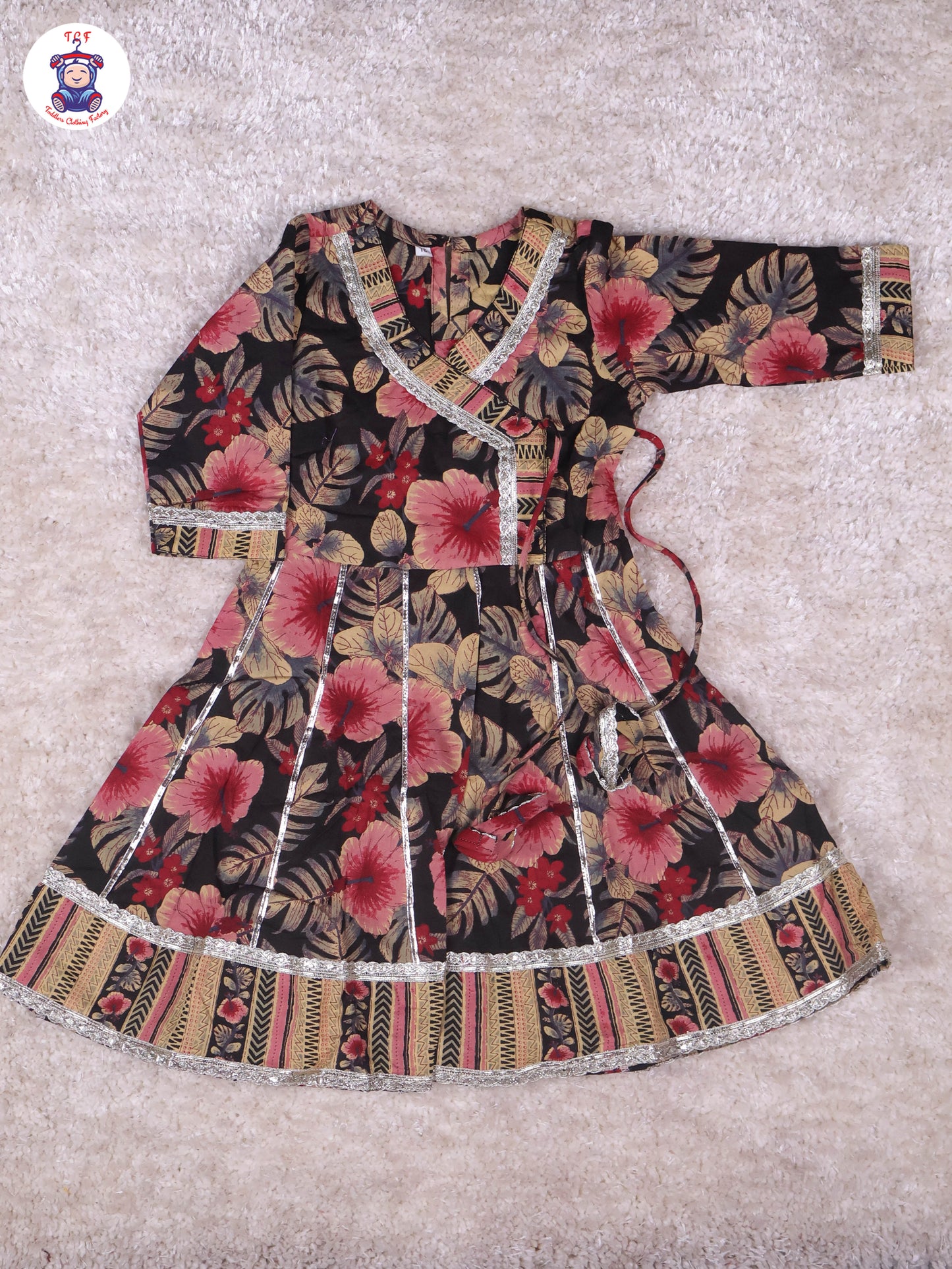 Black - Floral Printed Anarkali Kurti With Pants
