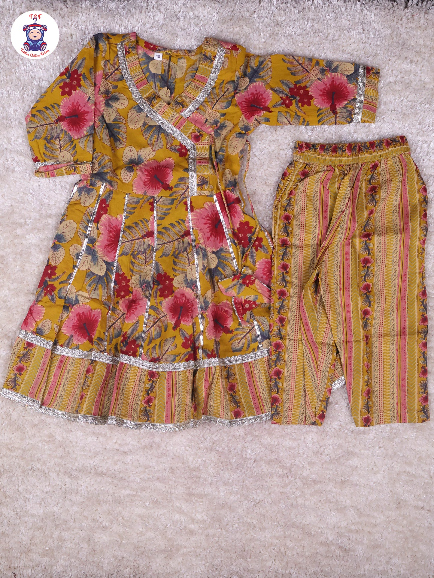 Mustard - Floral Printed Anarkali Kurti With Pants