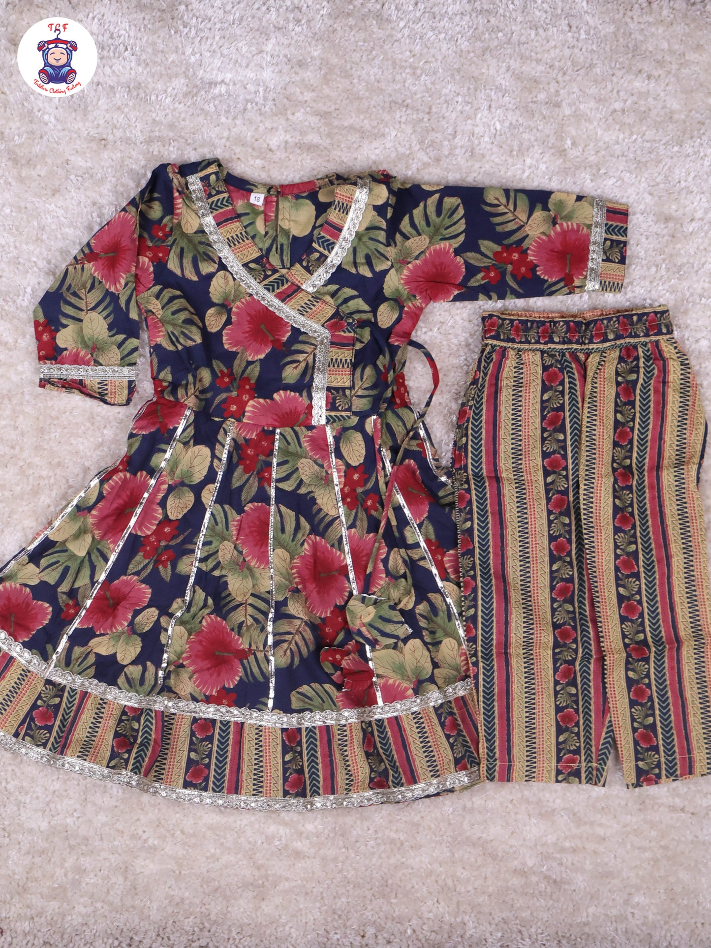 Navy Blue - Floral Printed Anarkali Kurti With Pants