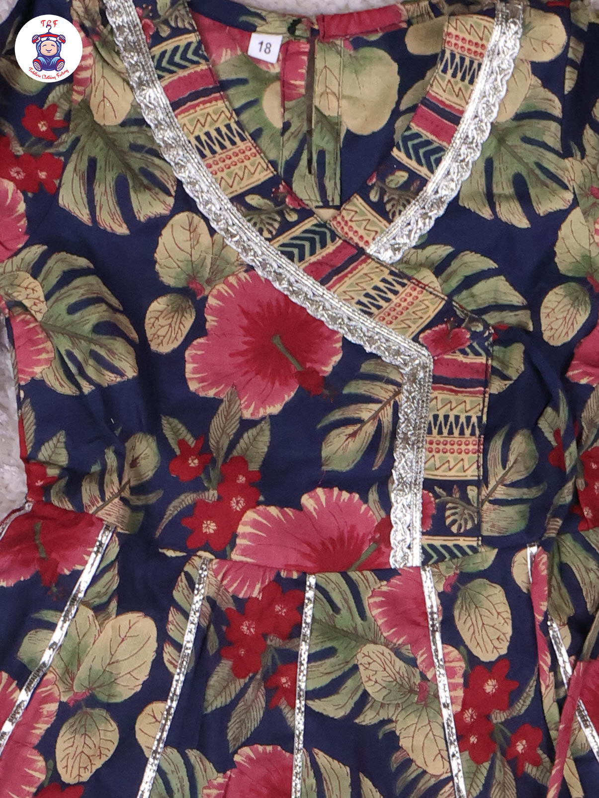 Navy Blue - Floral Printed Anarkali Kurti With Pants