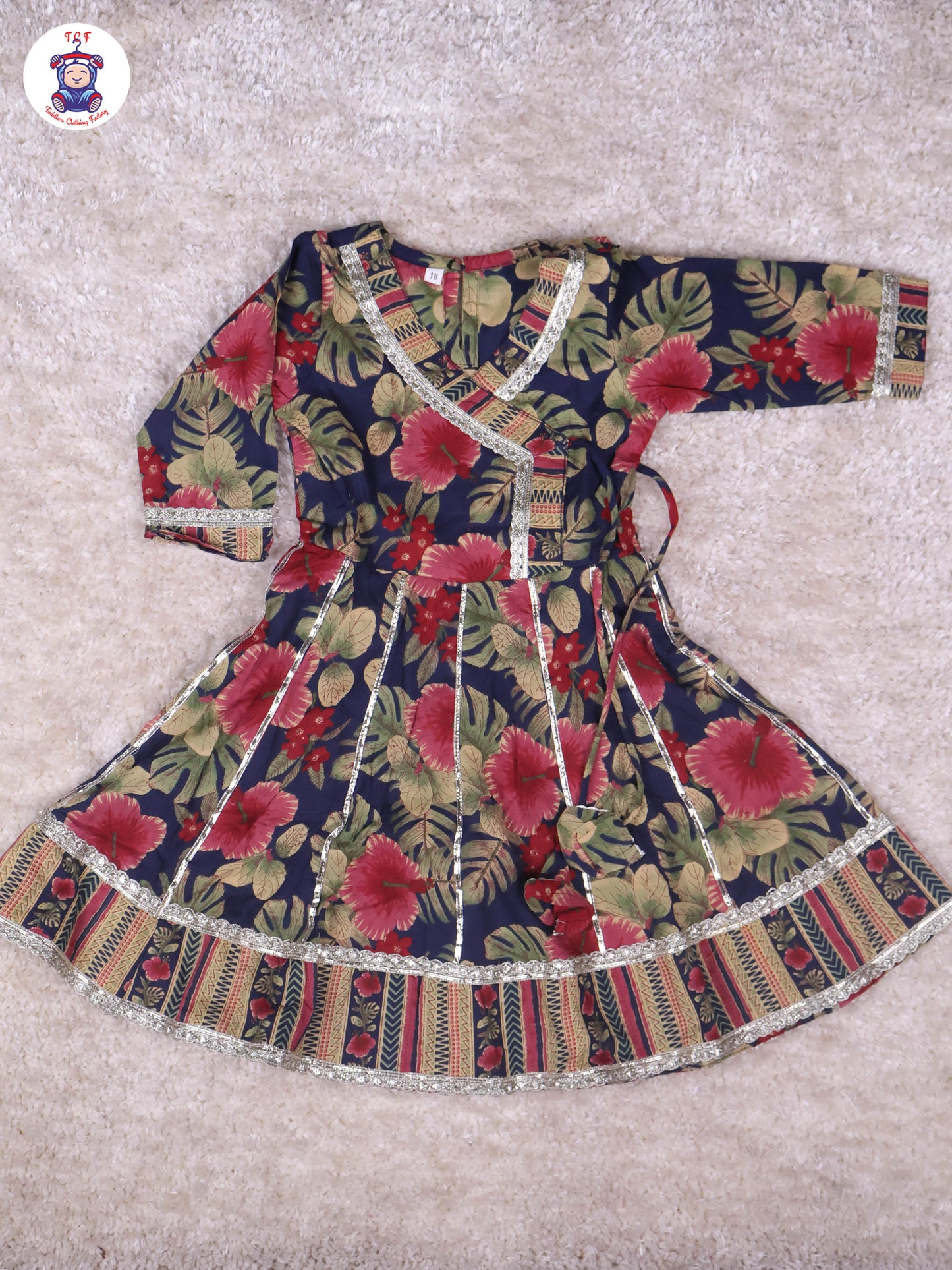 Navy Blue - Floral Printed Anarkali Kurti With Pants