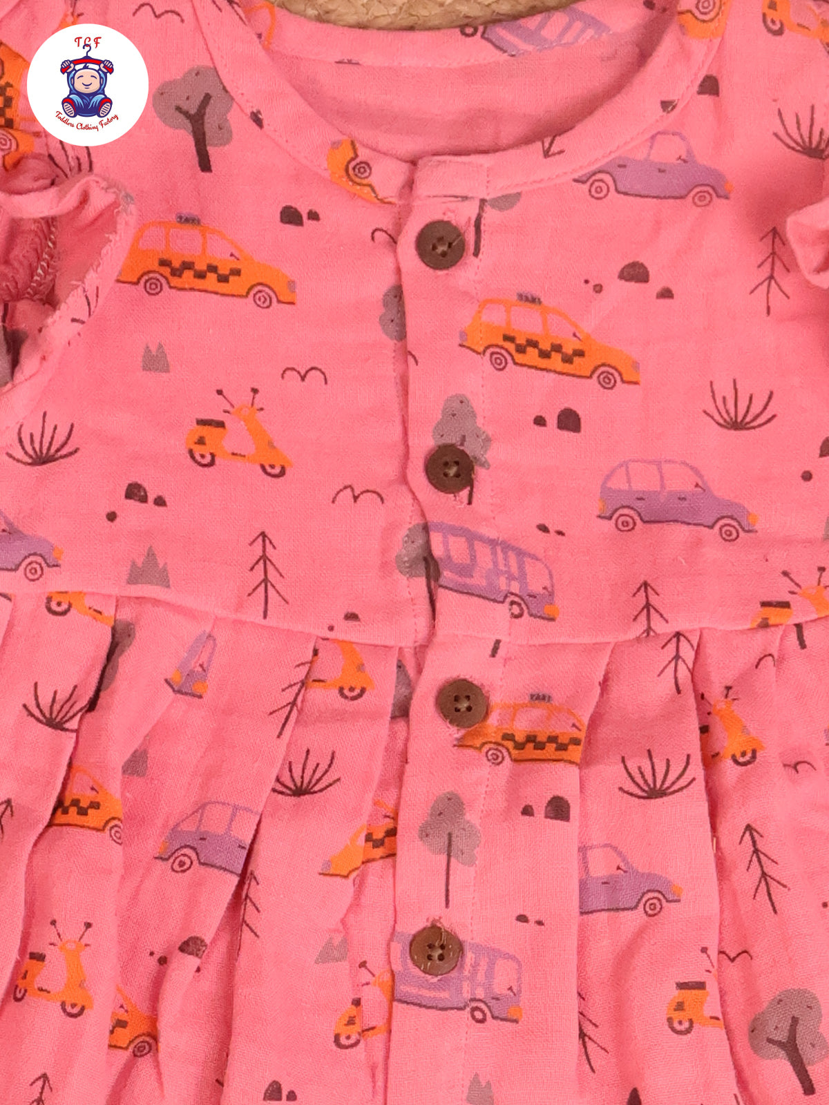 Pink Car & Tree - Girls Readymade Muslin Frocks
