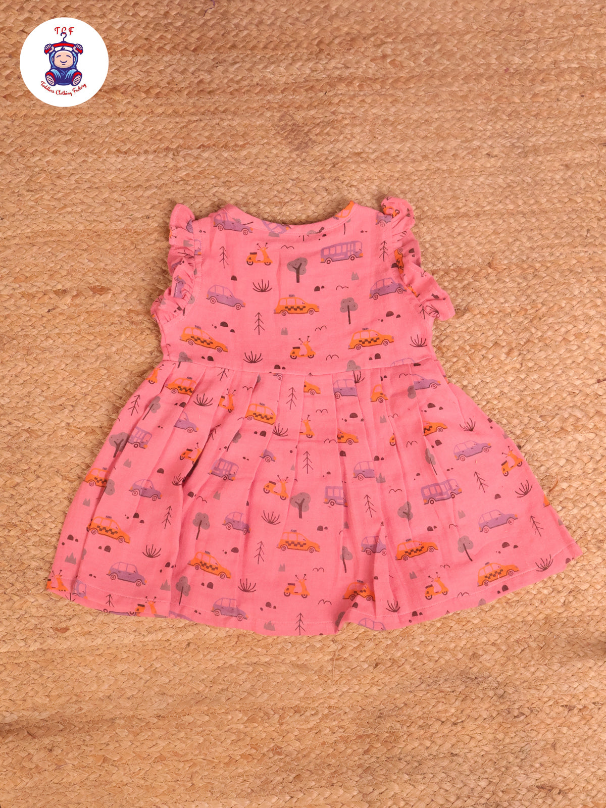 Pink Car & Tree - Girls Readymade Muslin Frocks