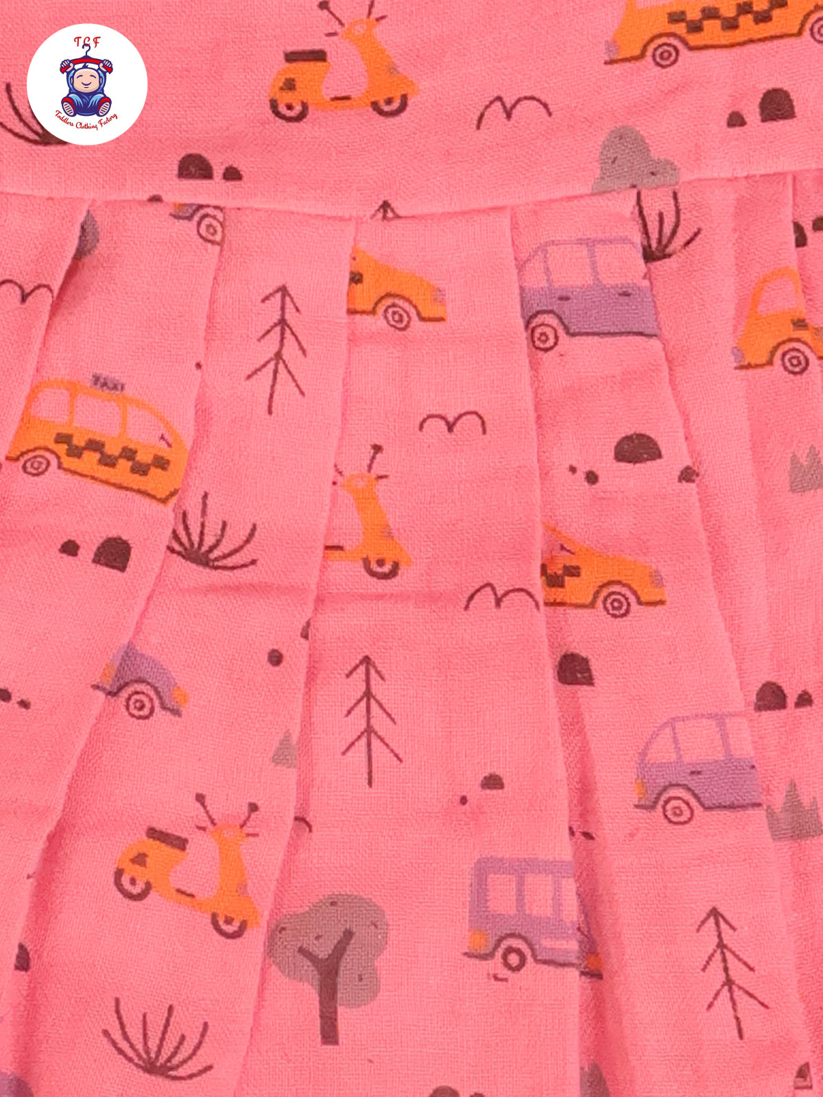 Pink Car & Tree - Girls Readymade Muslin Frocks