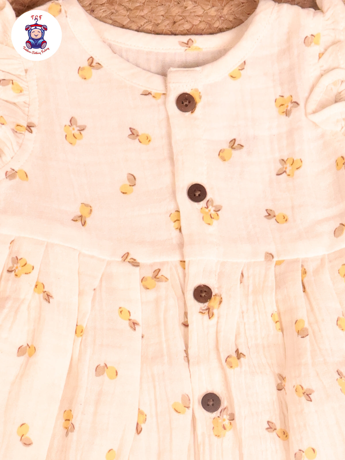 Cream & Yellow Fruit - Girls Readymade Muslin Frocks