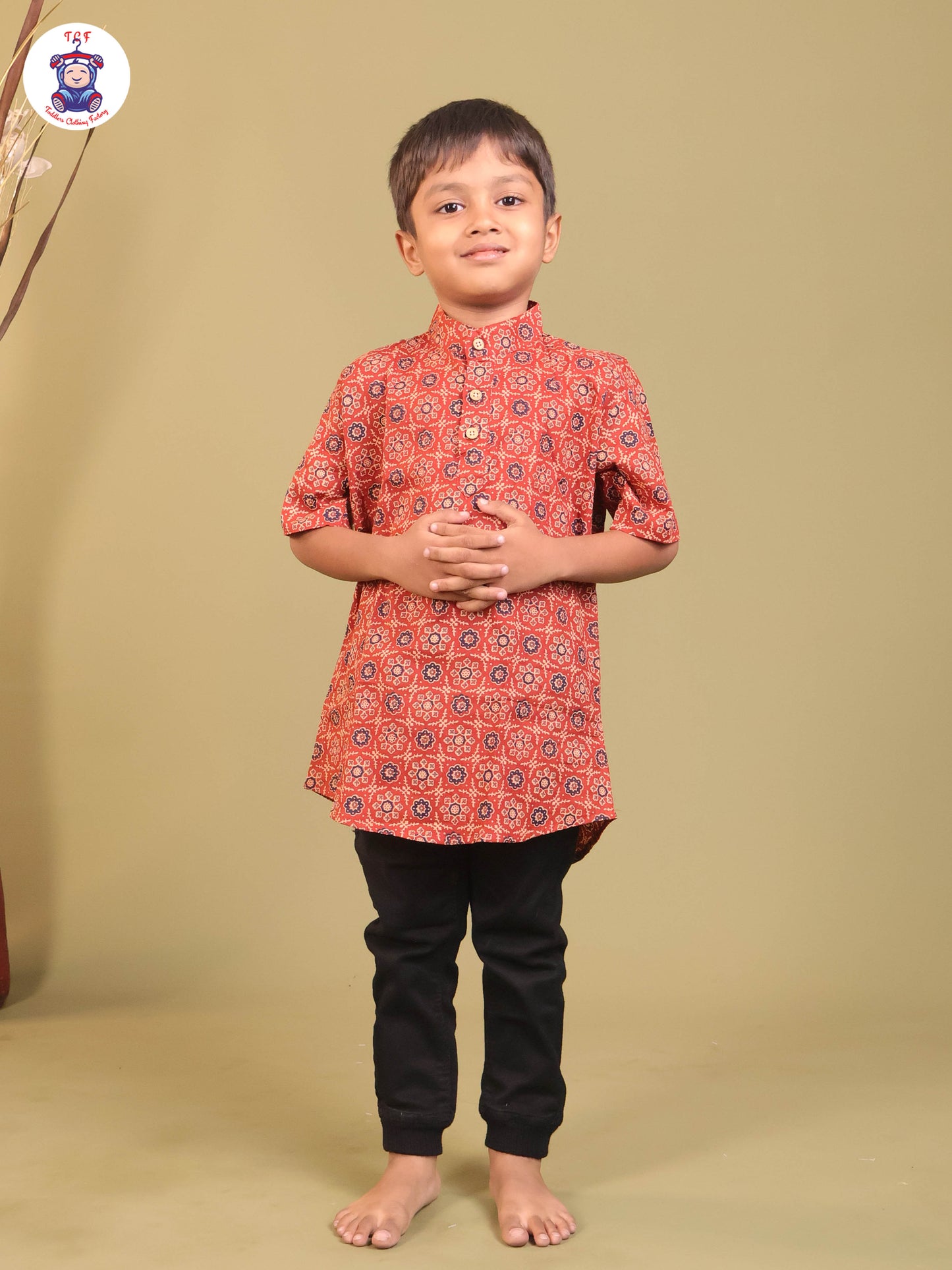 Brown - Boys Printed Short Kurta