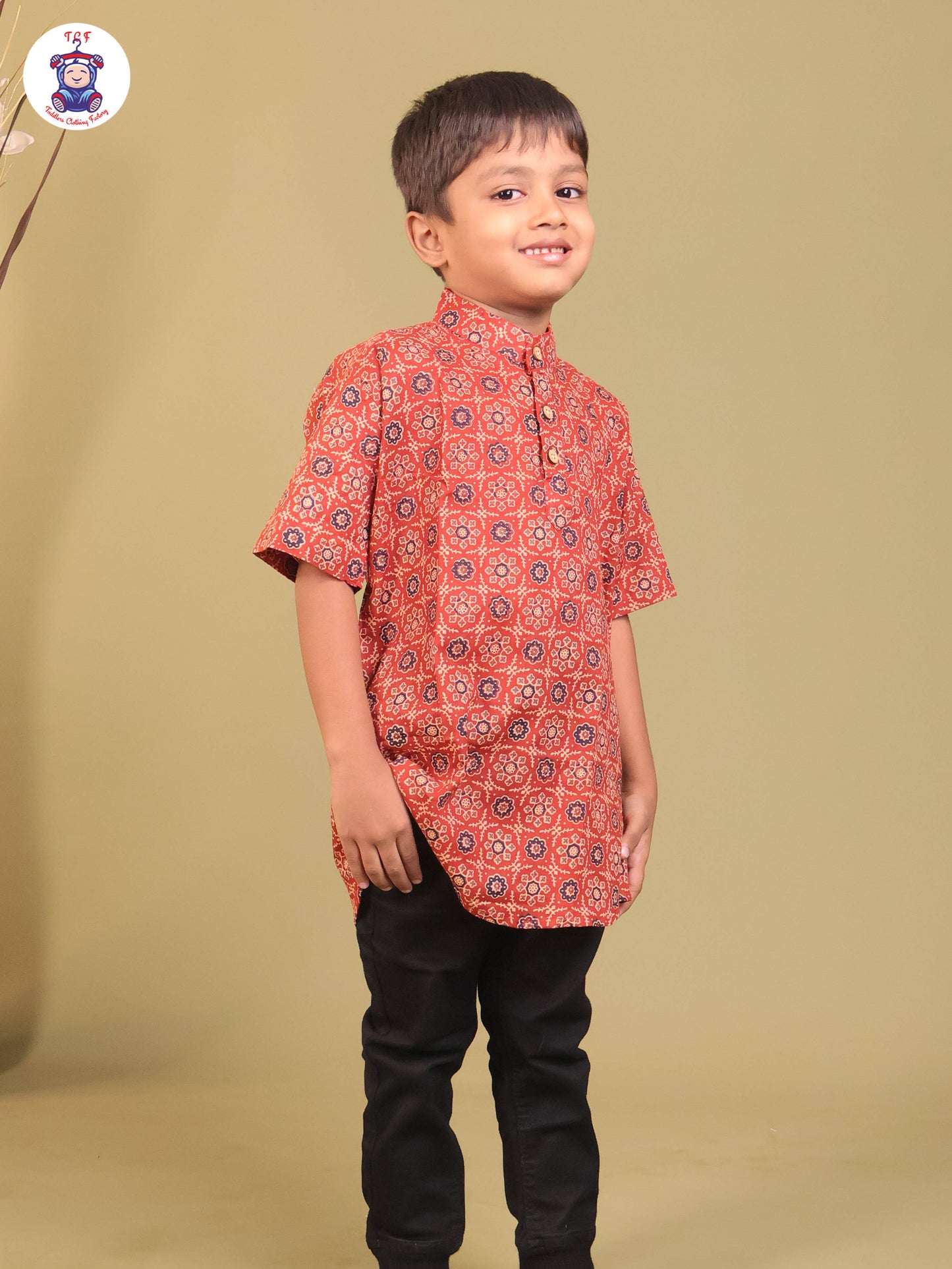 Brown - Boys Printed Short Kurta