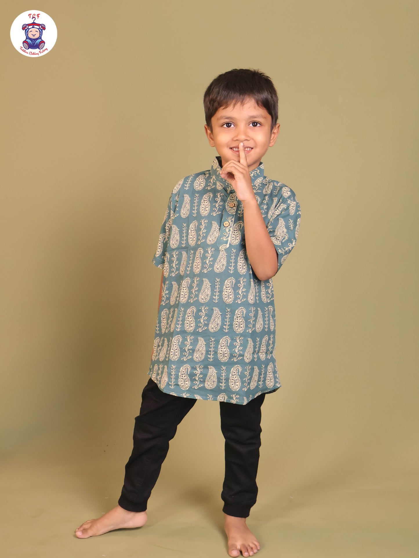Teal Blue - Boys Printed Short Kurta