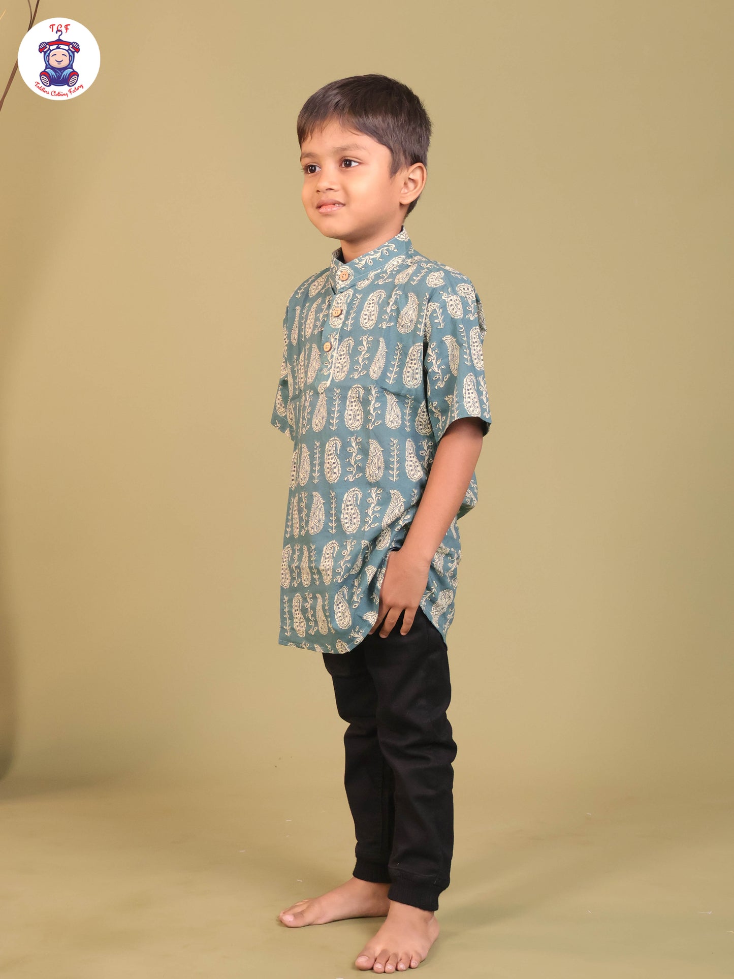 Teal Blue - Boys Printed Short Kurta