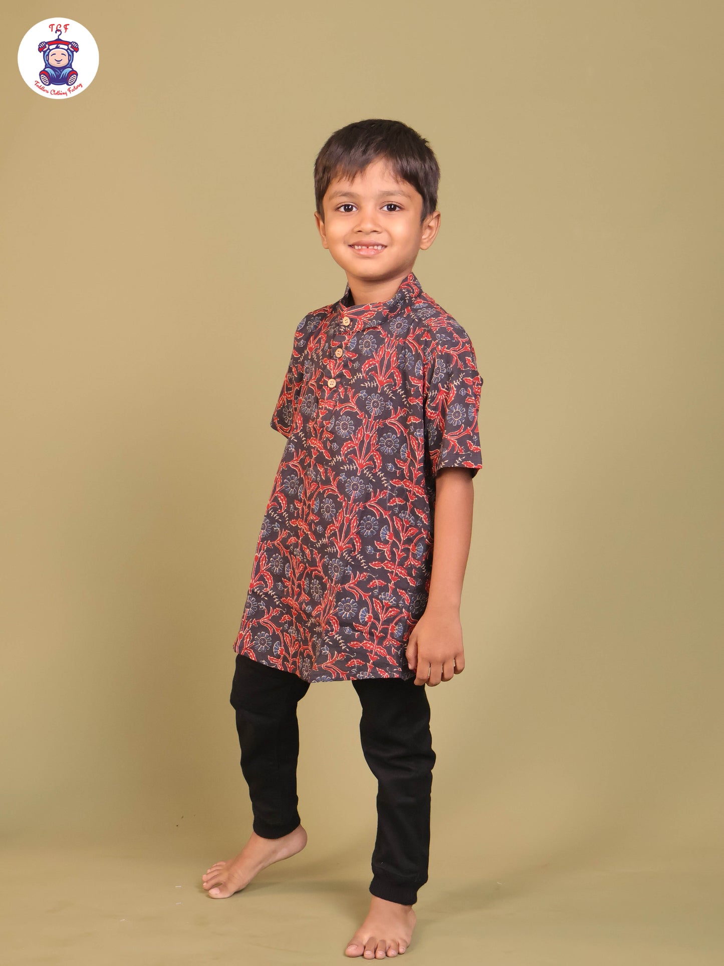 Navy Blue & Marron - Boys Printed Short Kurta