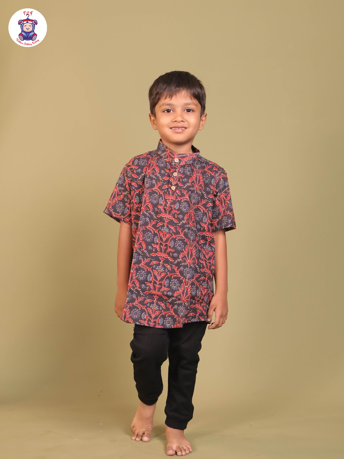 Navy Blue & Marron - Boys Printed Short Kurta