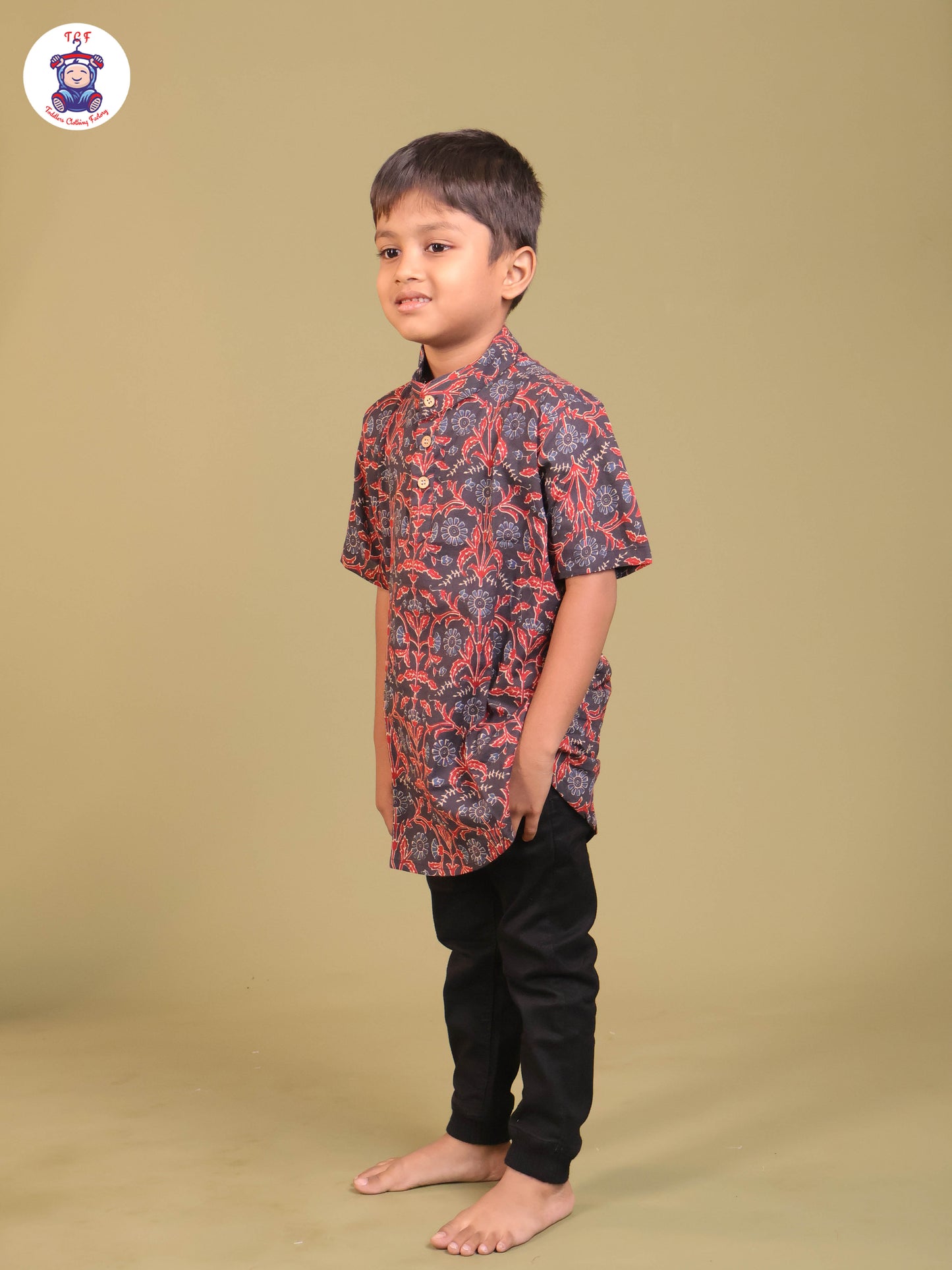Navy Blue & Marron - Boys Printed Short Kurta