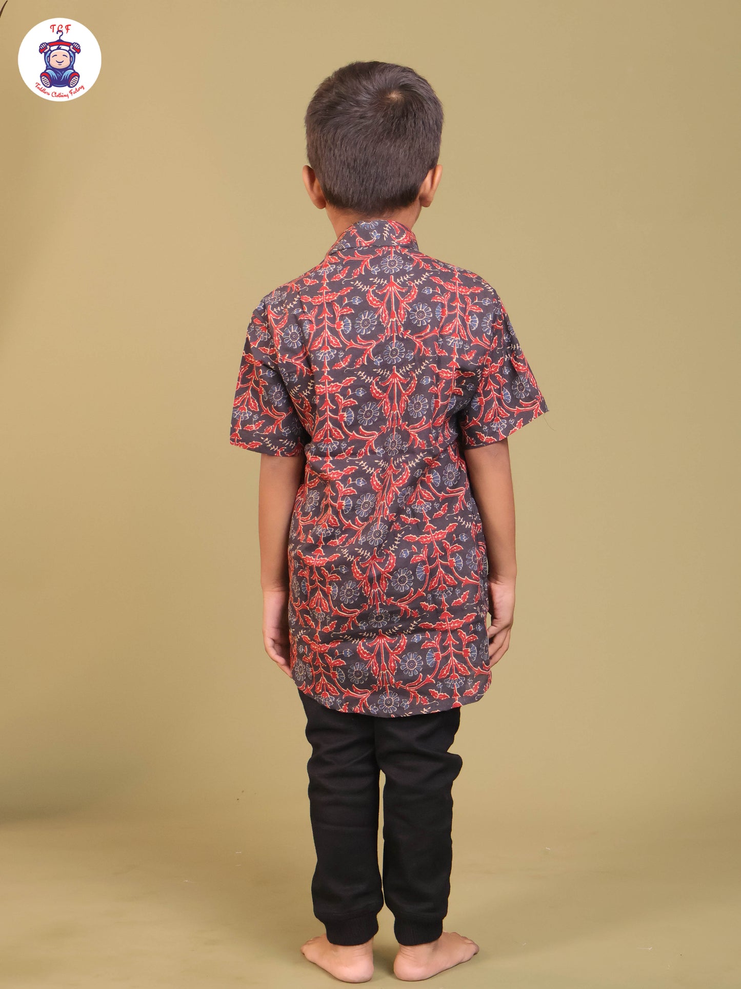 Navy Blue & Marron - Boys Printed Short Kurta