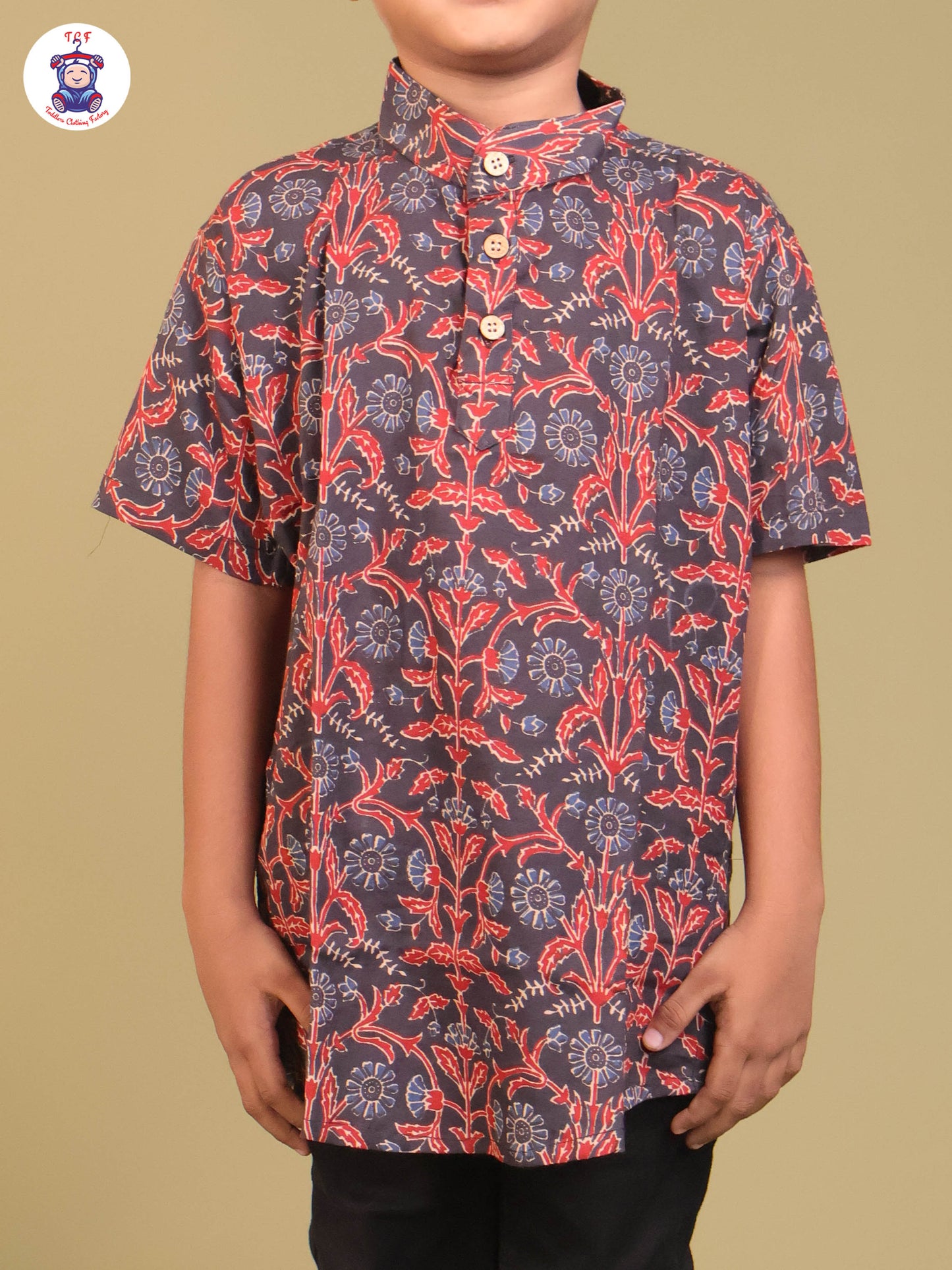 Navy Blue & Marron - Boys Printed Short Kurta