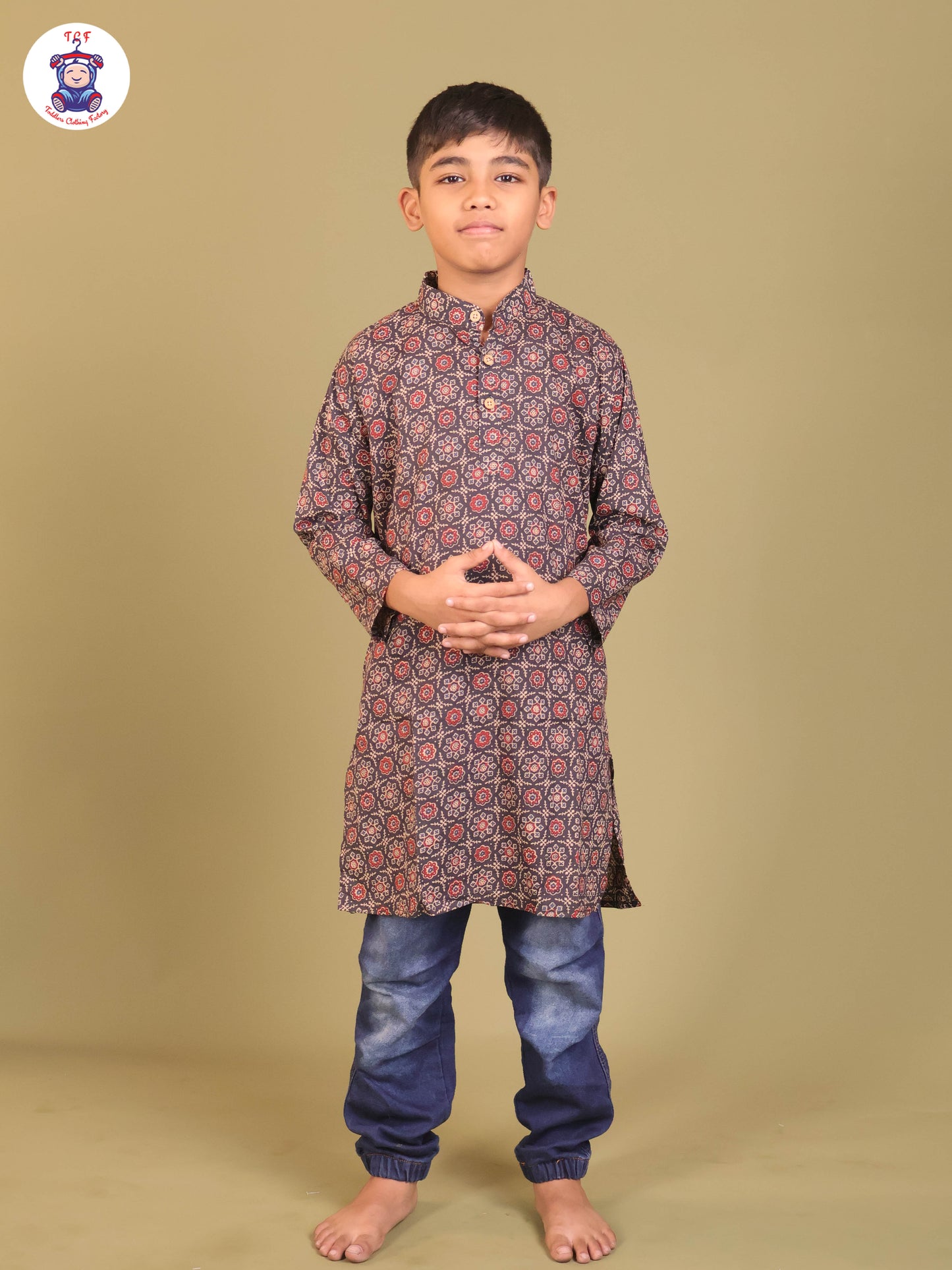 Navy Blue - Boys Printed Long Kurta