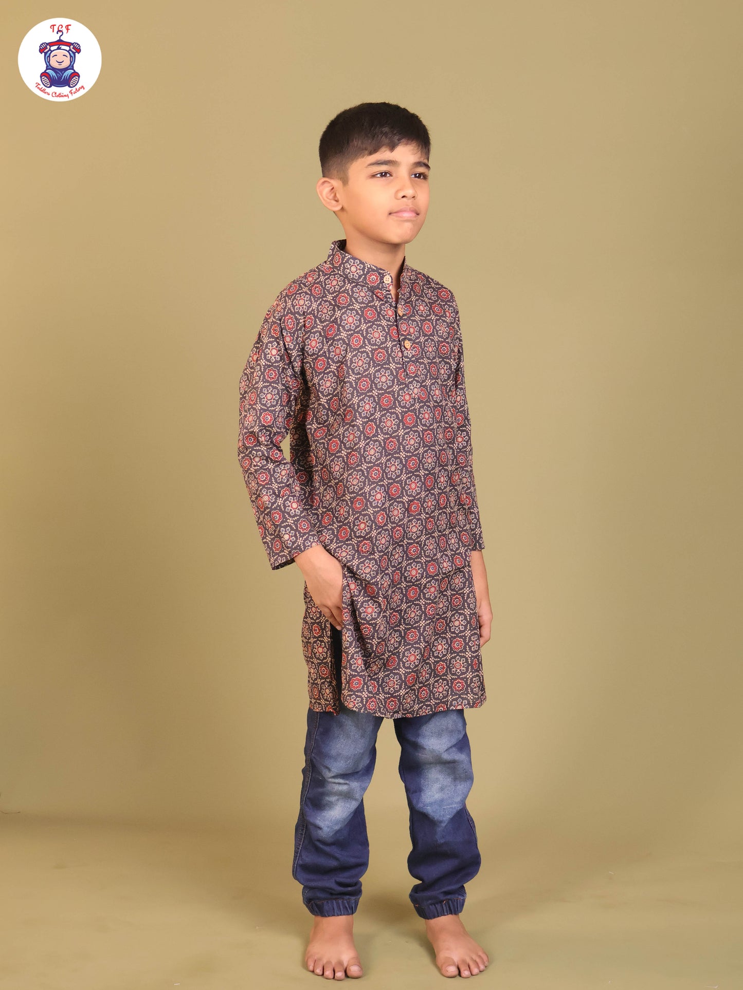 Navy Blue - Boys Printed Long Kurta