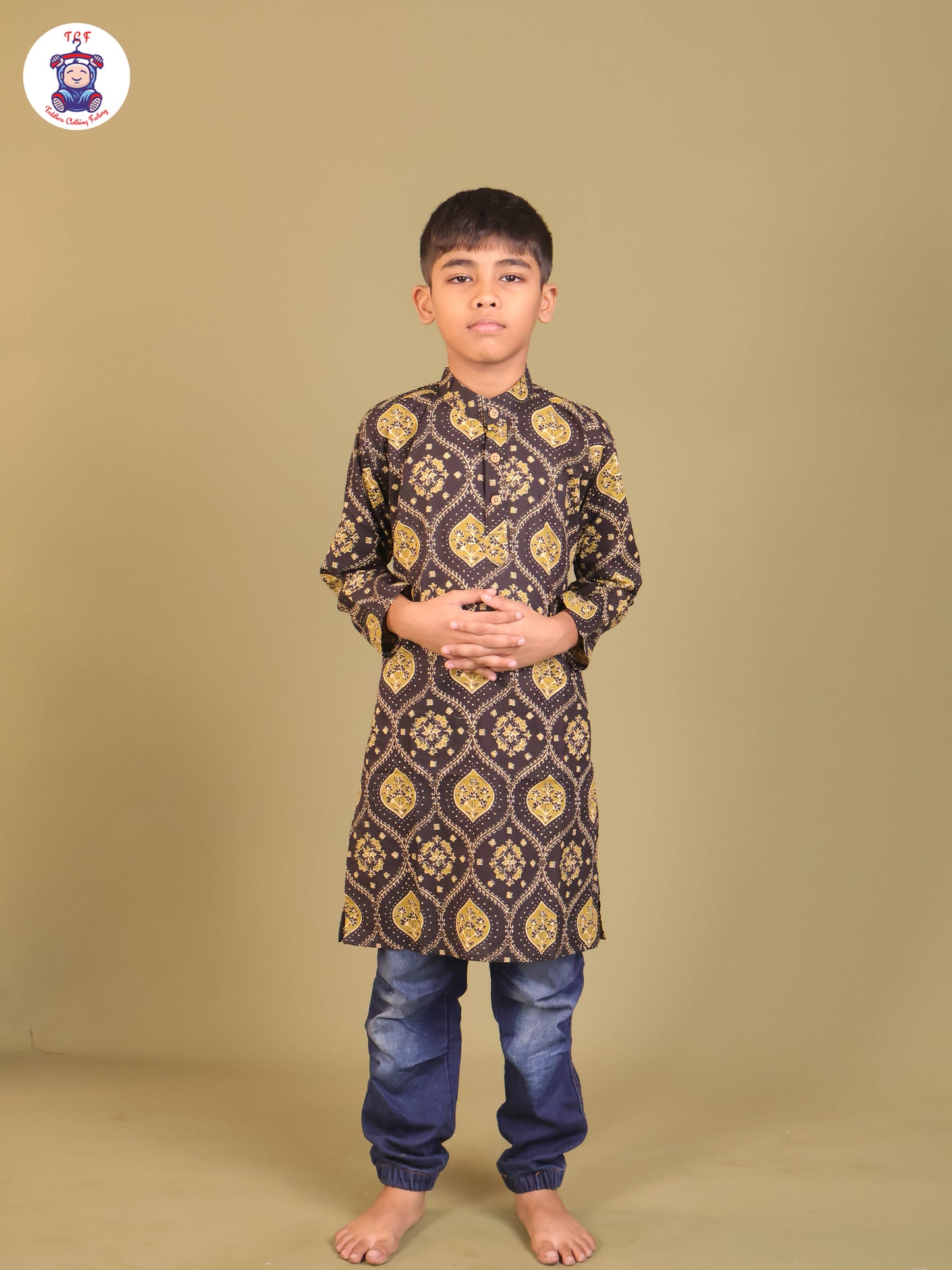 Black & Green - Boys Printed Long Kurta