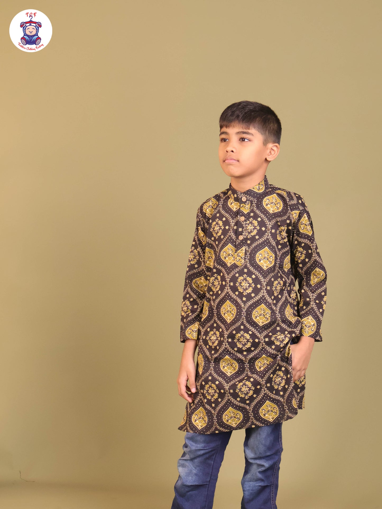 Black & Green - Boys Printed Long Kurta