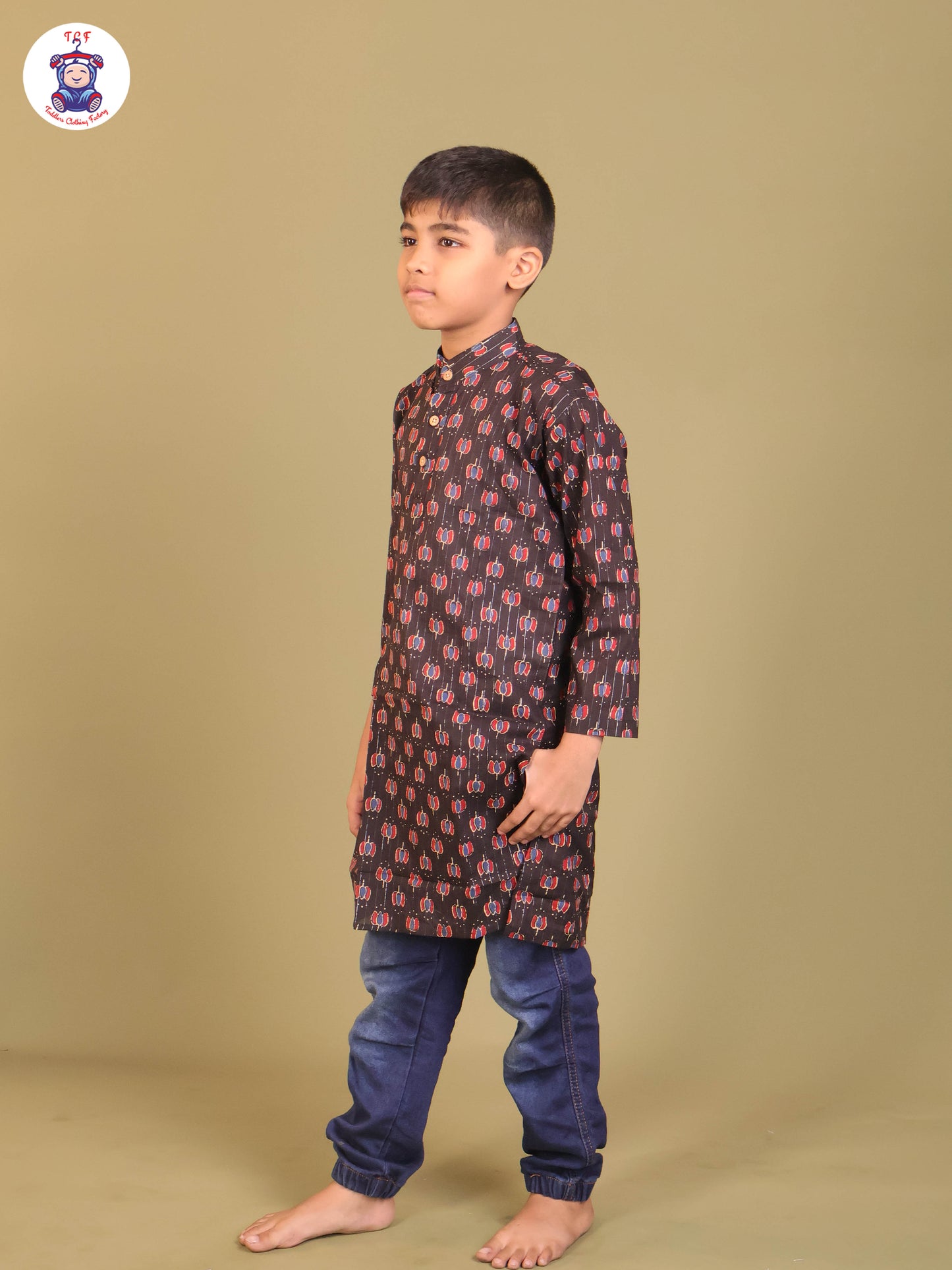 Black & Maroon - Boys Printed Long Kurta