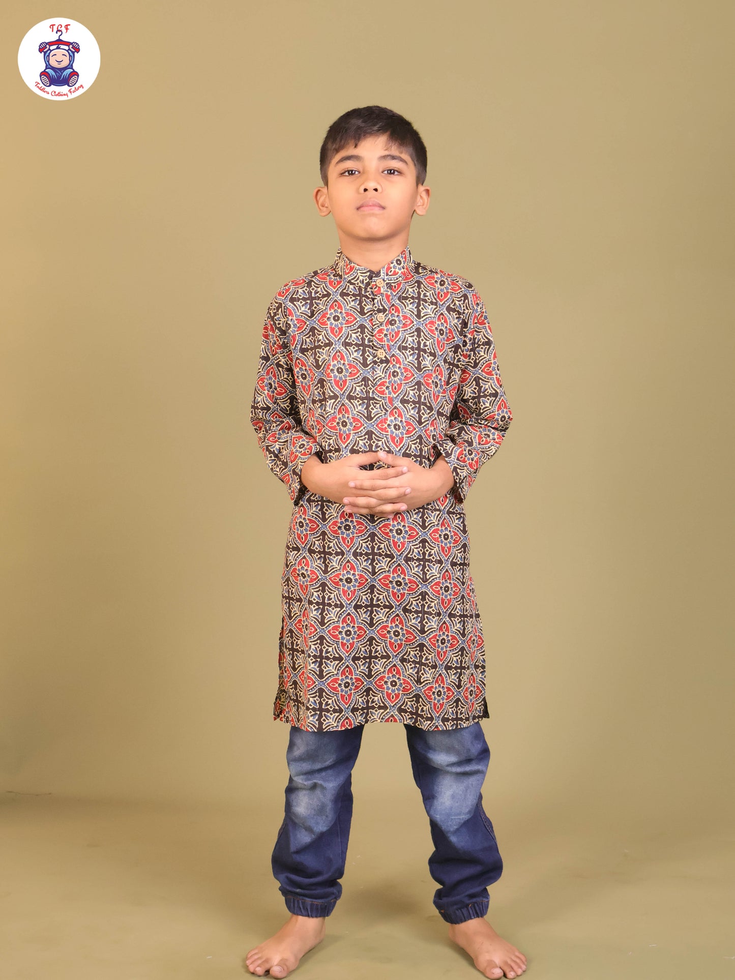Black & Teal Blue - Boys Printed Long Kurta