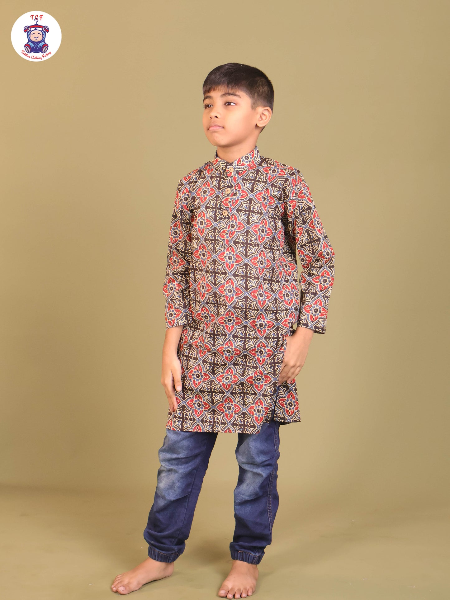 Black & Teal Blue - Boys Printed Long Kurta
