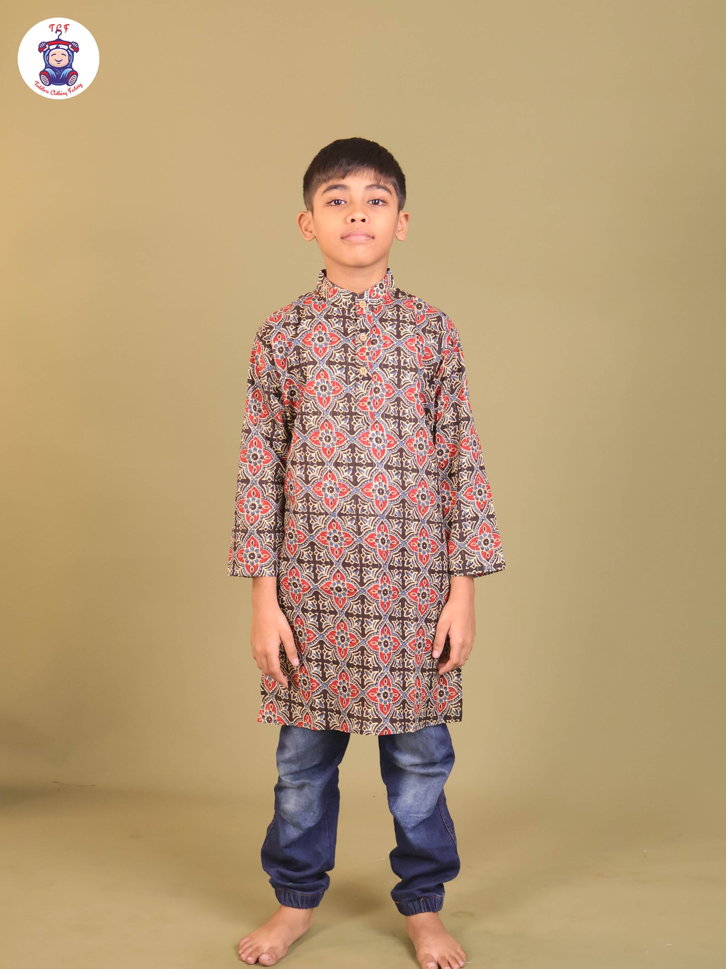 Black & Teal Blue - Boys Printed Long Kurta