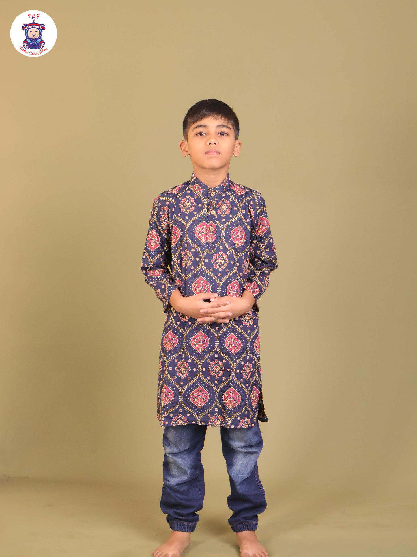Navy Blue & Pink - Boys Printed Long Kurta