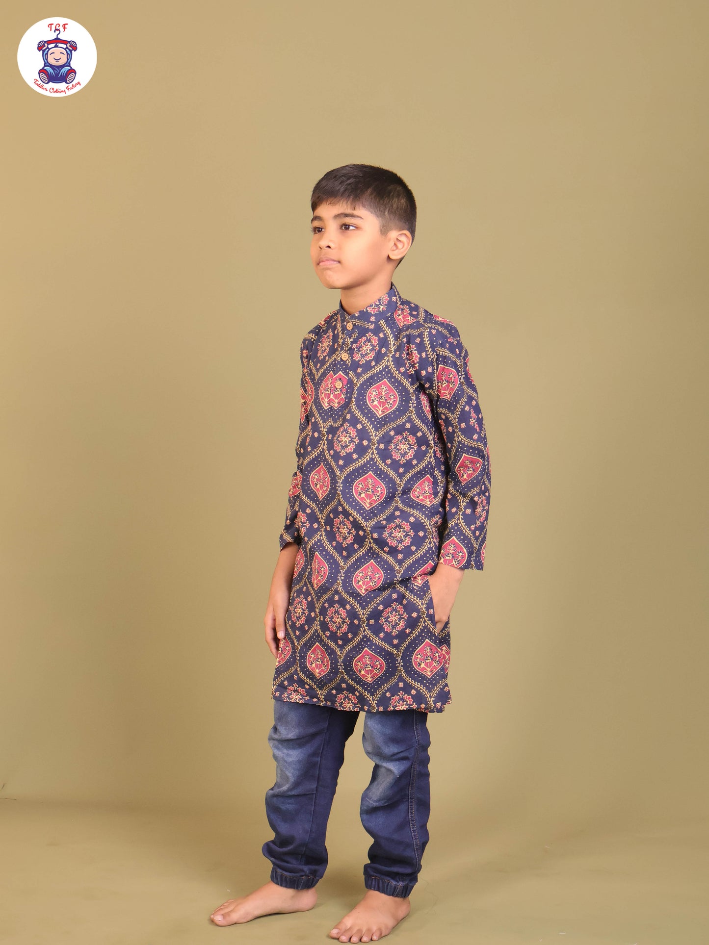 Navy Blue & Pink - Boys Printed Long Kurta